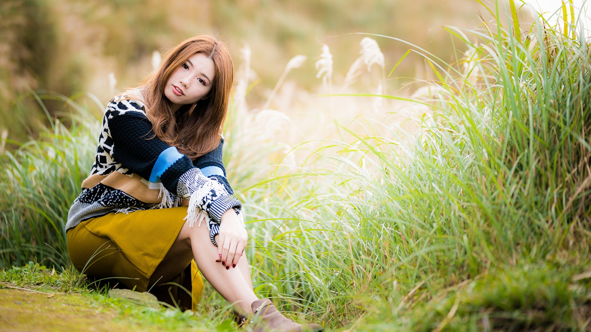 Image Brown haired Bokeh posing young woman Asiatic 1920x1080