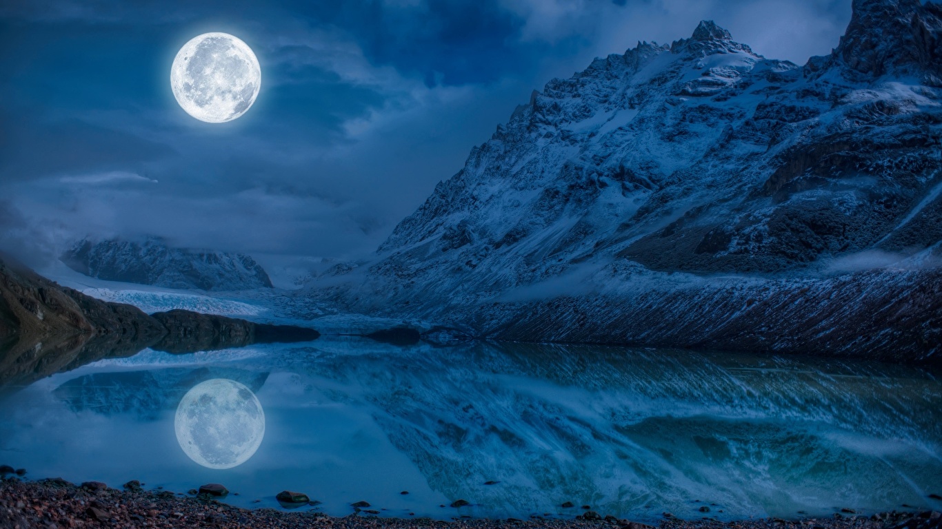 壁紙 1366x768 風景写真 山 湖 月 夜 倒影 自然 ダウンロード