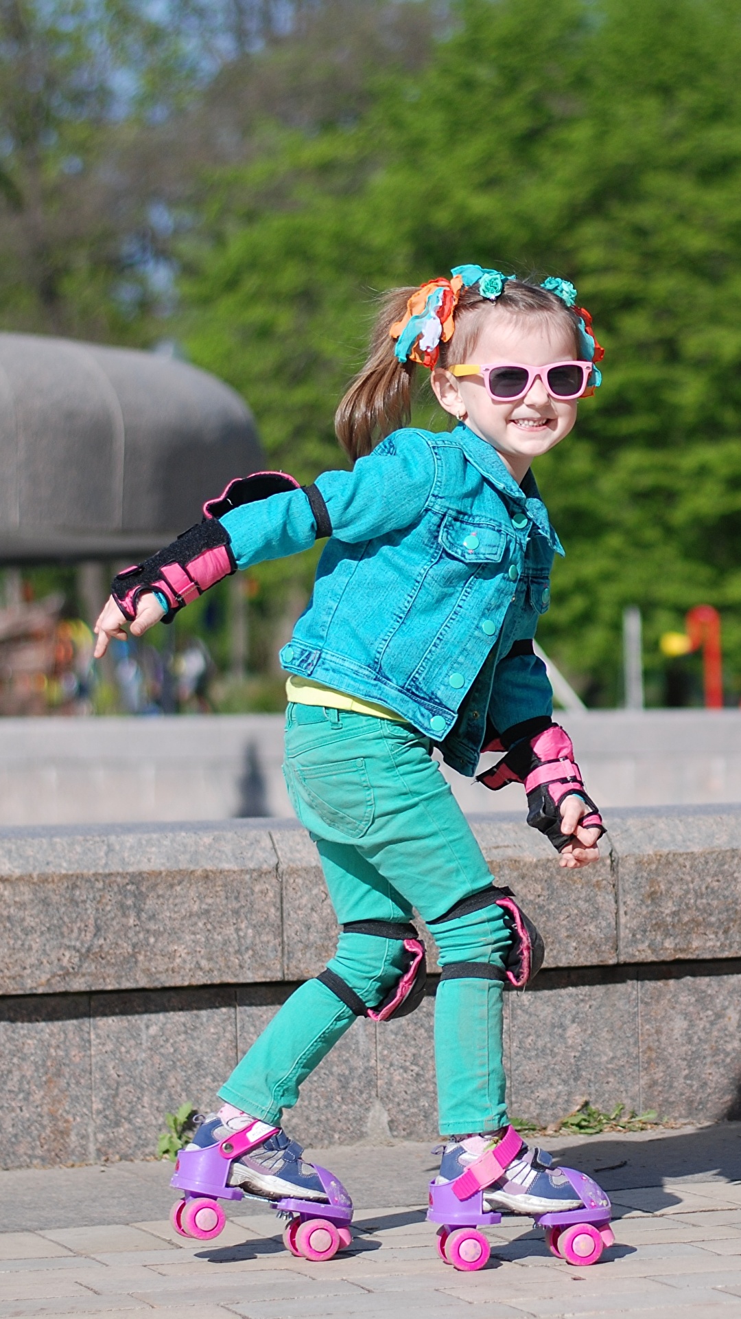 Pictures Little Girls Smile Bokeh Child Roller Skates 1080x1920