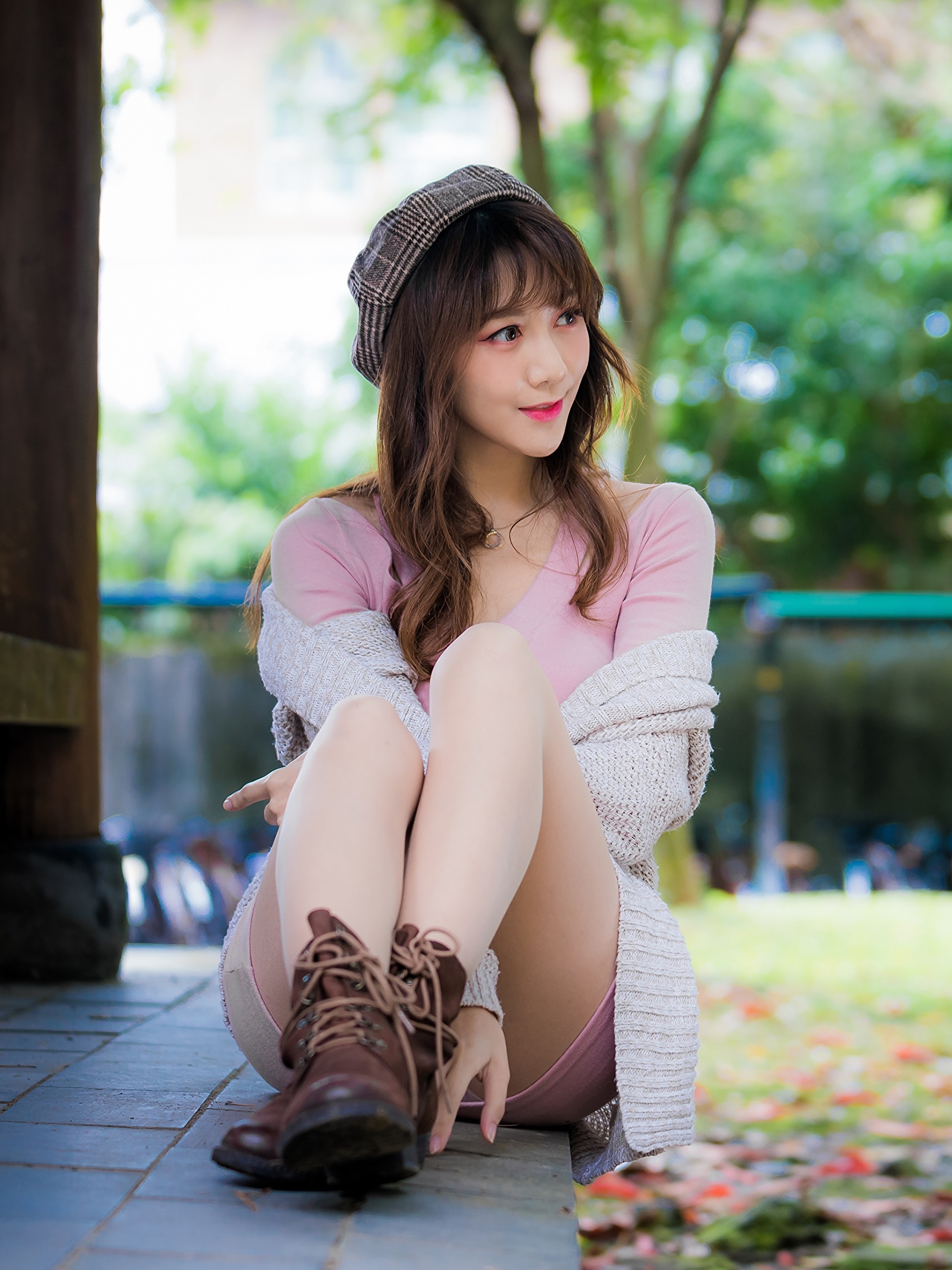 Asian Bokeh Brown haired Sitting Beret Legs Boots Girls photo 2048x2732 you...