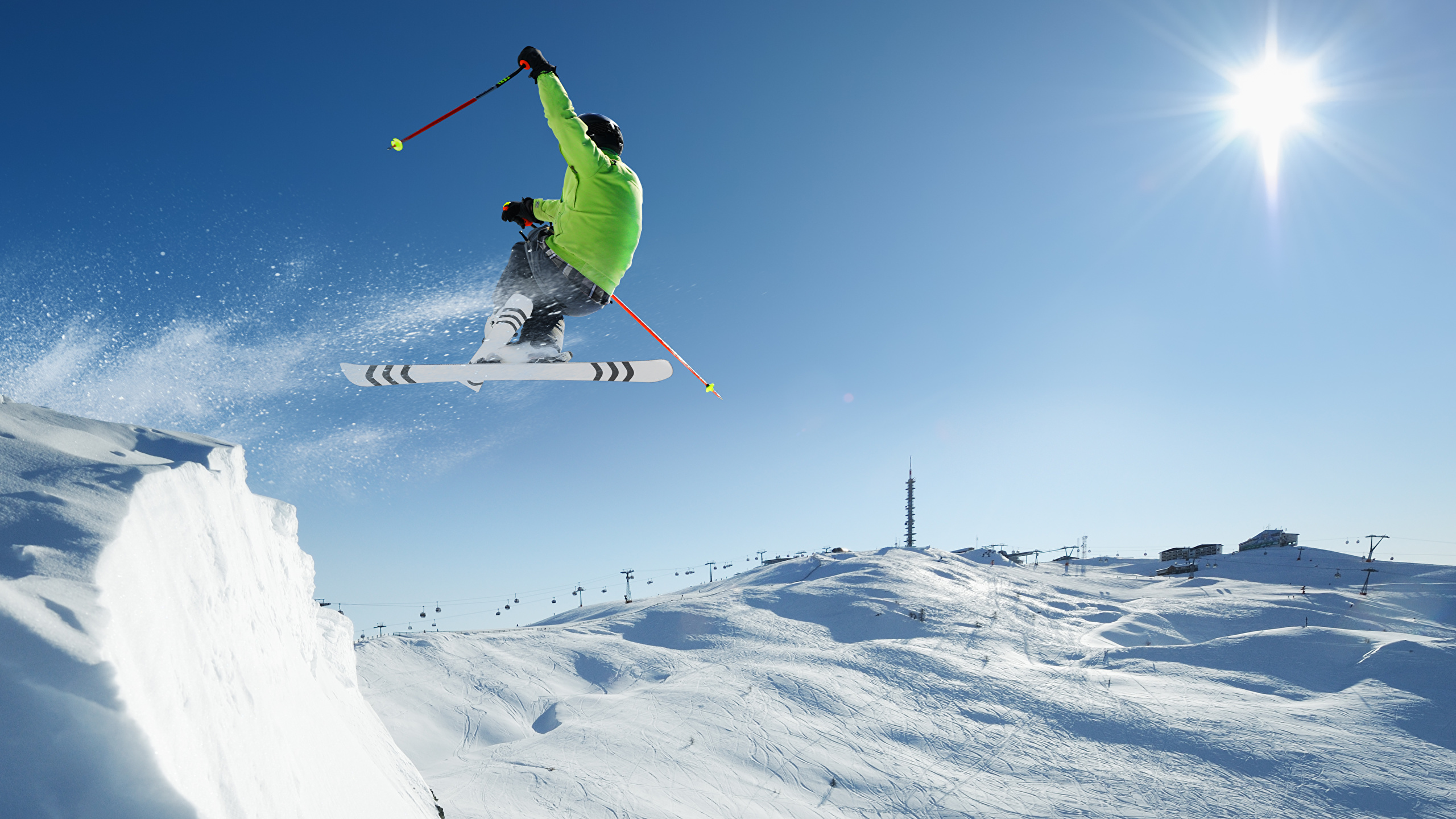 壁紙 2560x1440 冬 スキー 男性 雪 飛び スポーツ ダウンロード 写真