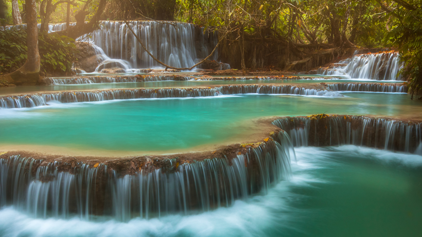 Images Kuang Si Falls Laos Crag Nature Waterfalls 1366x768