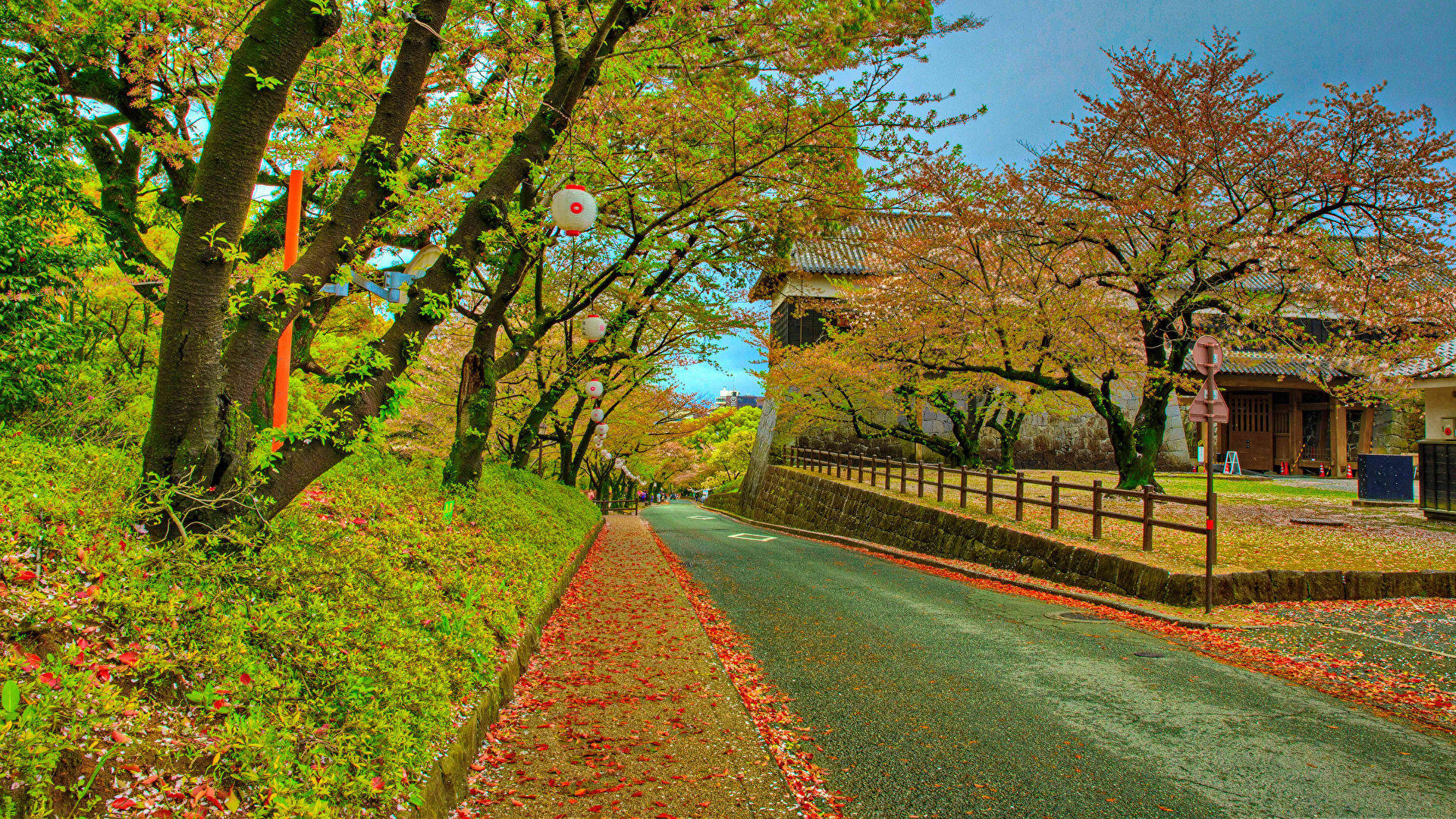 壁紙 19x1080 日本 秋 城 道 Kumamoto Castle ハイダイナミックレンジ合成 木 木の葉 自然 ダウンロード 写真