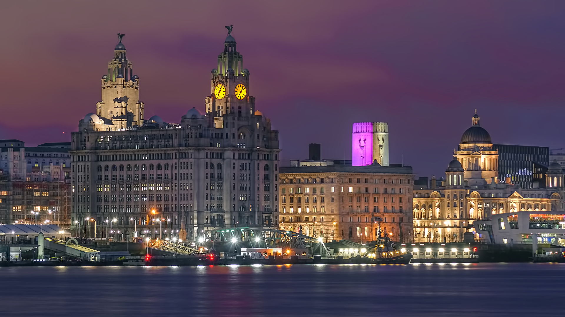 Картинки Англия Liverpool Часы Реки Вечер Здания Города 1920x1080