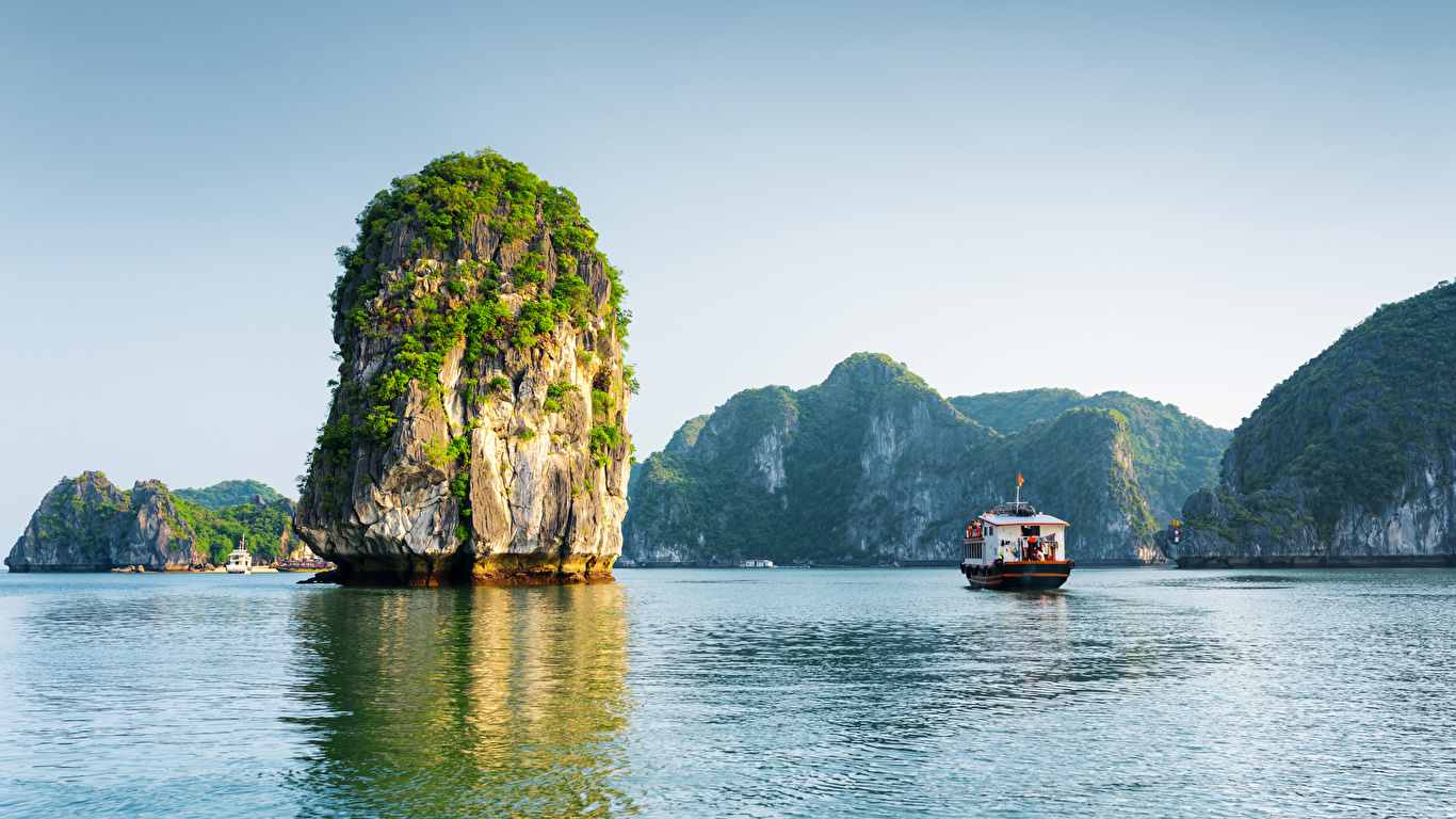 Image Vietnam Halong Bay Sea Rock Nature mountain ship 1366x768