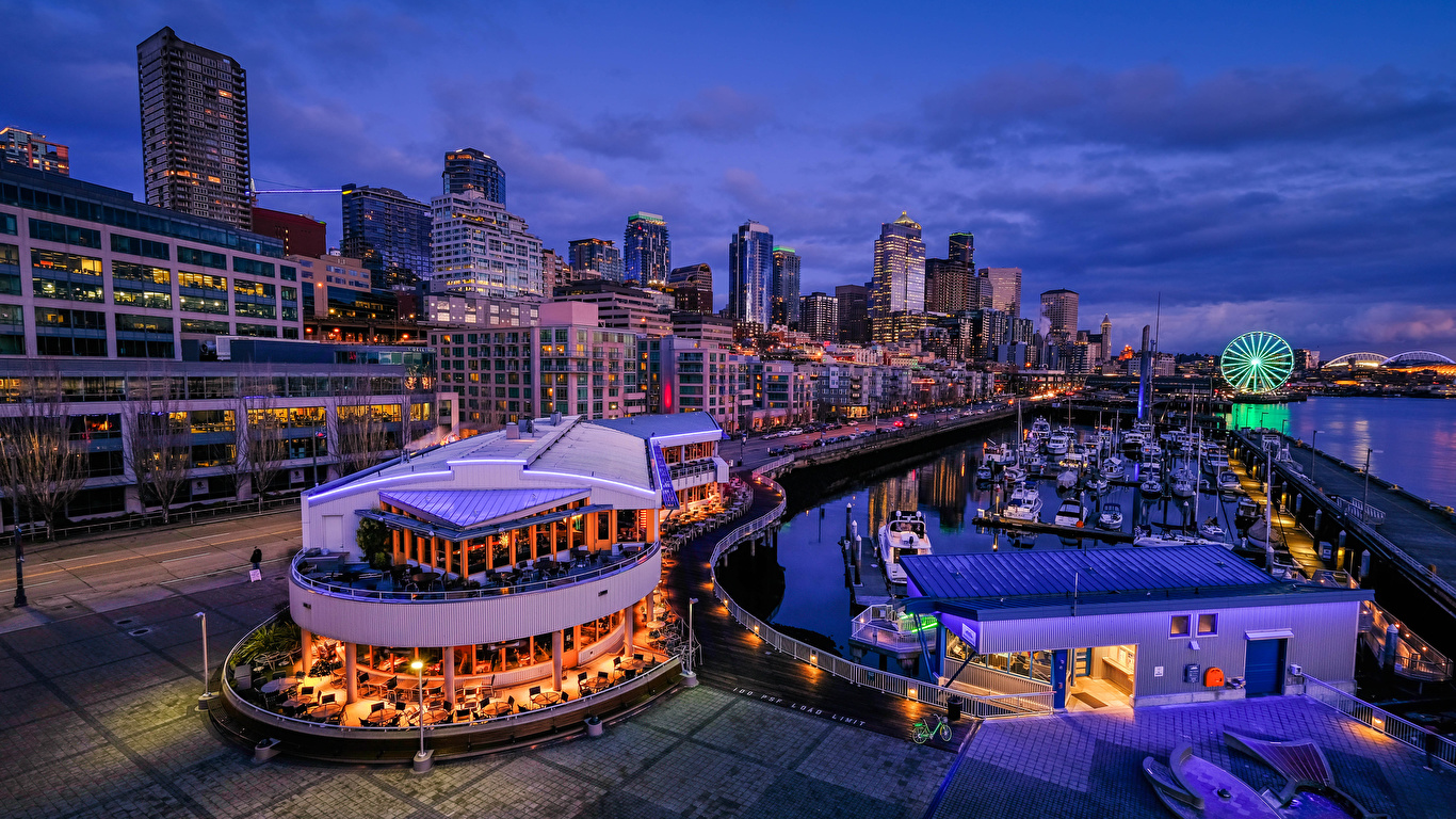 Images Seattle Usa Cafe Berth Evening Cities Houses 1366x768
