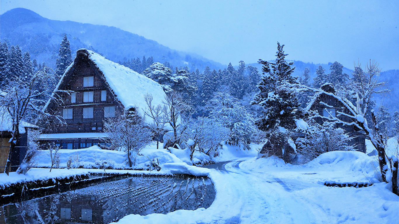 Фотографии Япония Деревня Shirakawa Зима Снег Дома Города 1366x768