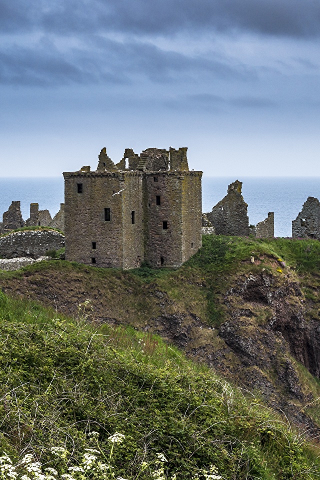 壁紙 640x960 海岸 スコットランド 城 廃墟 Dunnottar Castle 岩 草 自然 ダウンロード 写真