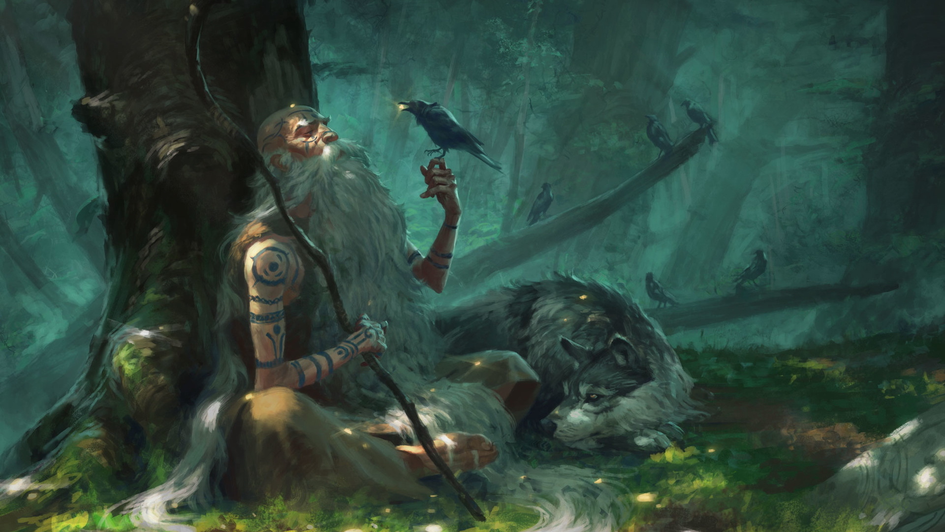 Image Dogs Crows Mage Staff Old man Fantasy Trees 1920x1080