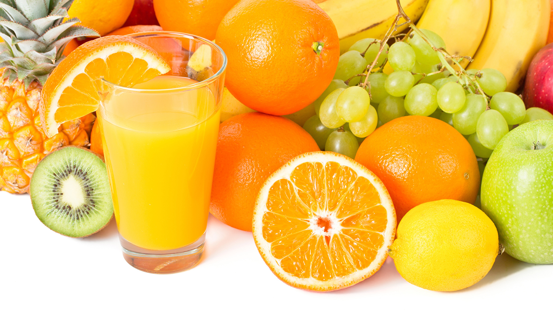 壁紙 19x1080 ジュース 果物 オレンジ レモン ブドウ 白背景 コップ 食品 ダウンロード 写真