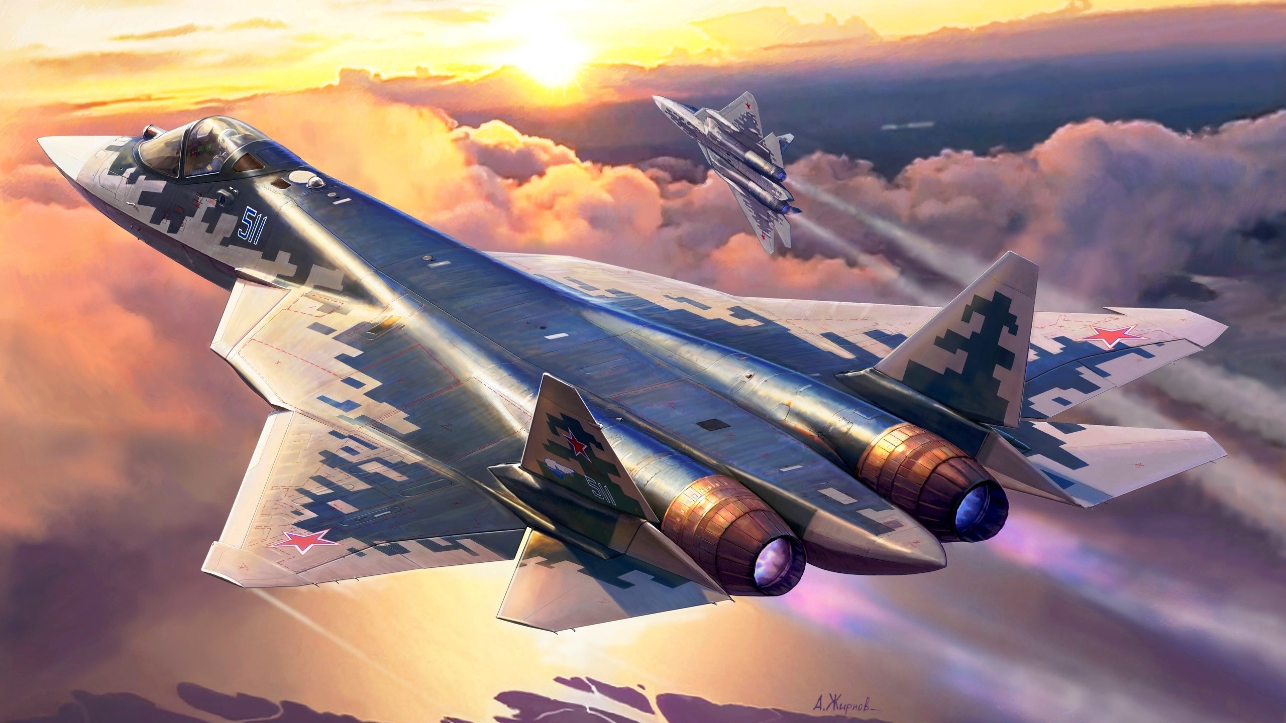 壁紙 2560x1440 飛行機 戦闘機 描かれた壁紙 Su 57 ロシアの 航空 ダウンロード 写真
