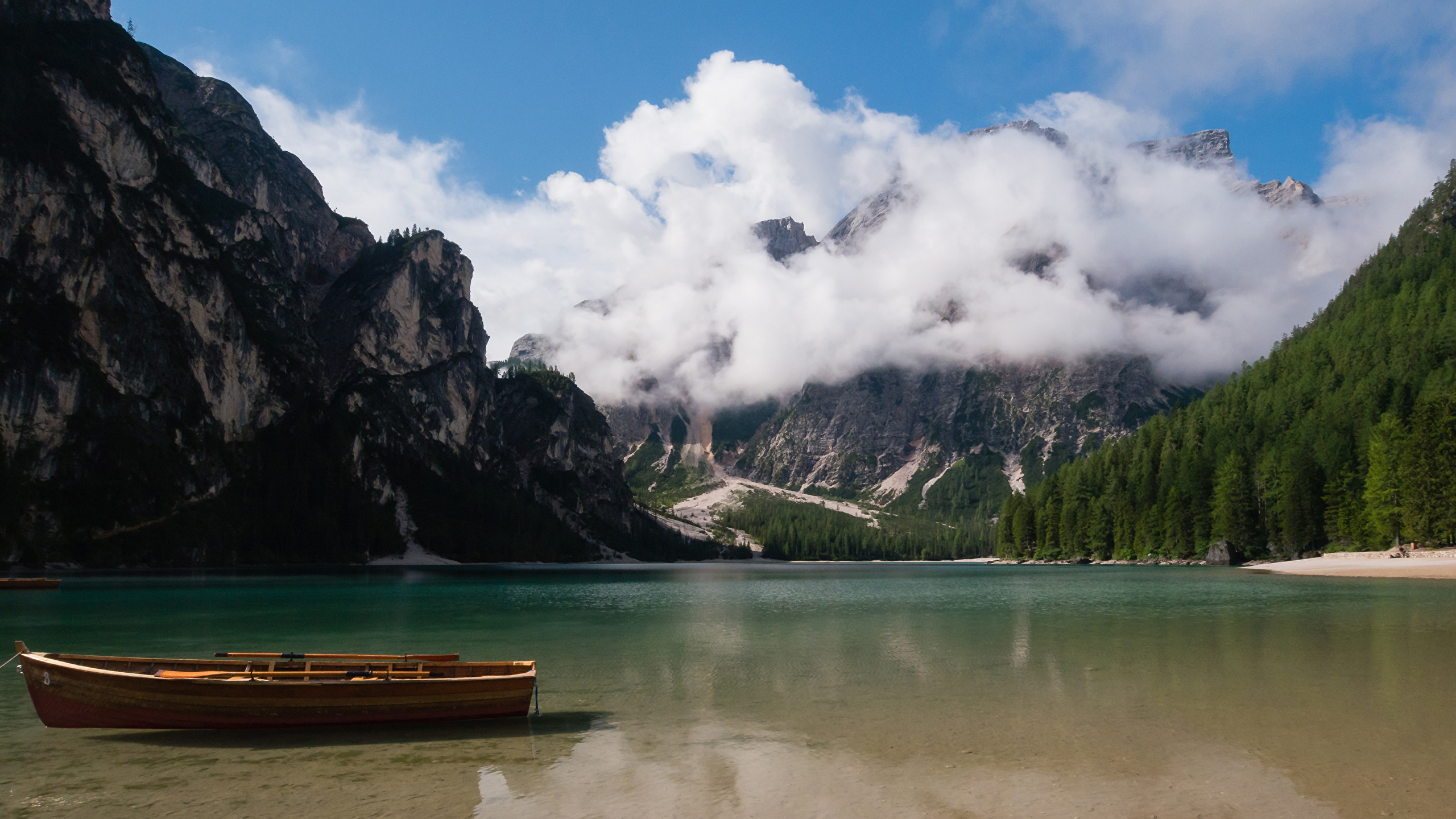 Wallpaper Italy Lake Braies Nature Mountains Boats Clouds 2560x1440