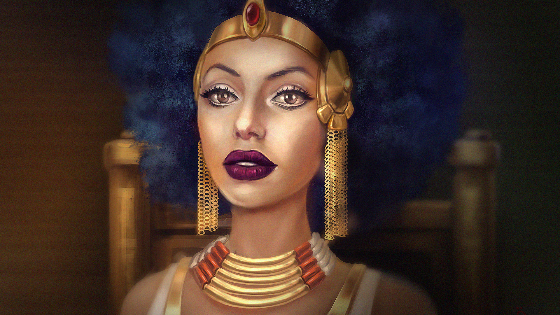 Фотографии девушка Cleopatra Серьги Фэнтези ожерельем Лицо 1920x1080