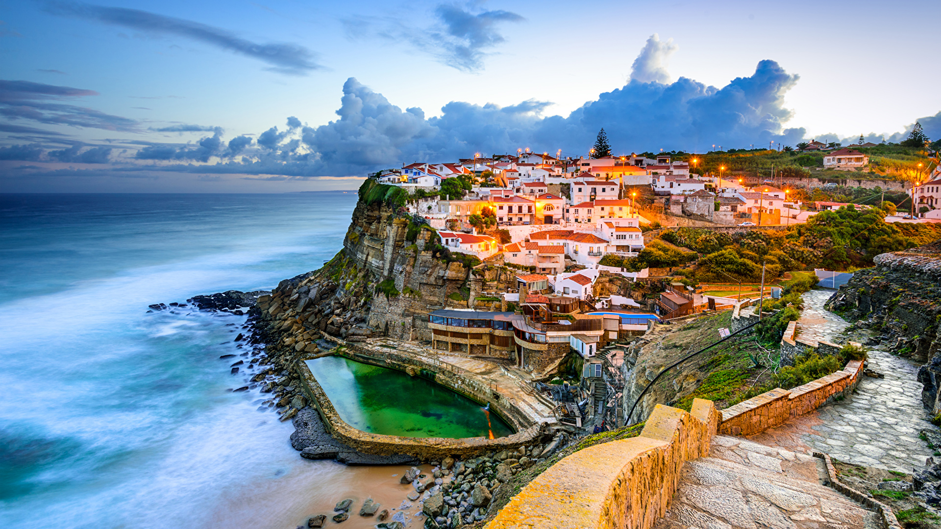 Фотография Португалия Azenhas do Mar Sintra Скала Вечер 1920x1080