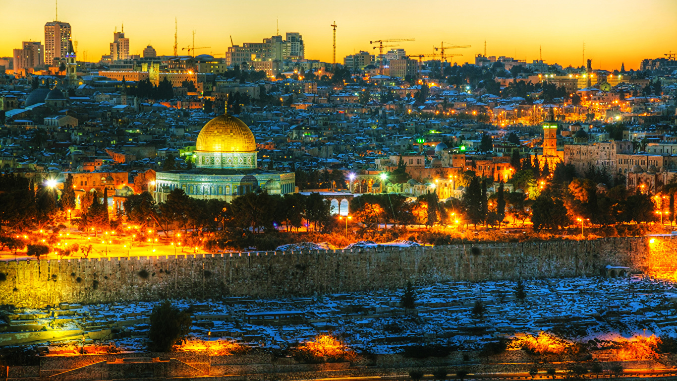 Фото Израиль Jerusalem Забор Вечер Дома город 1366x768