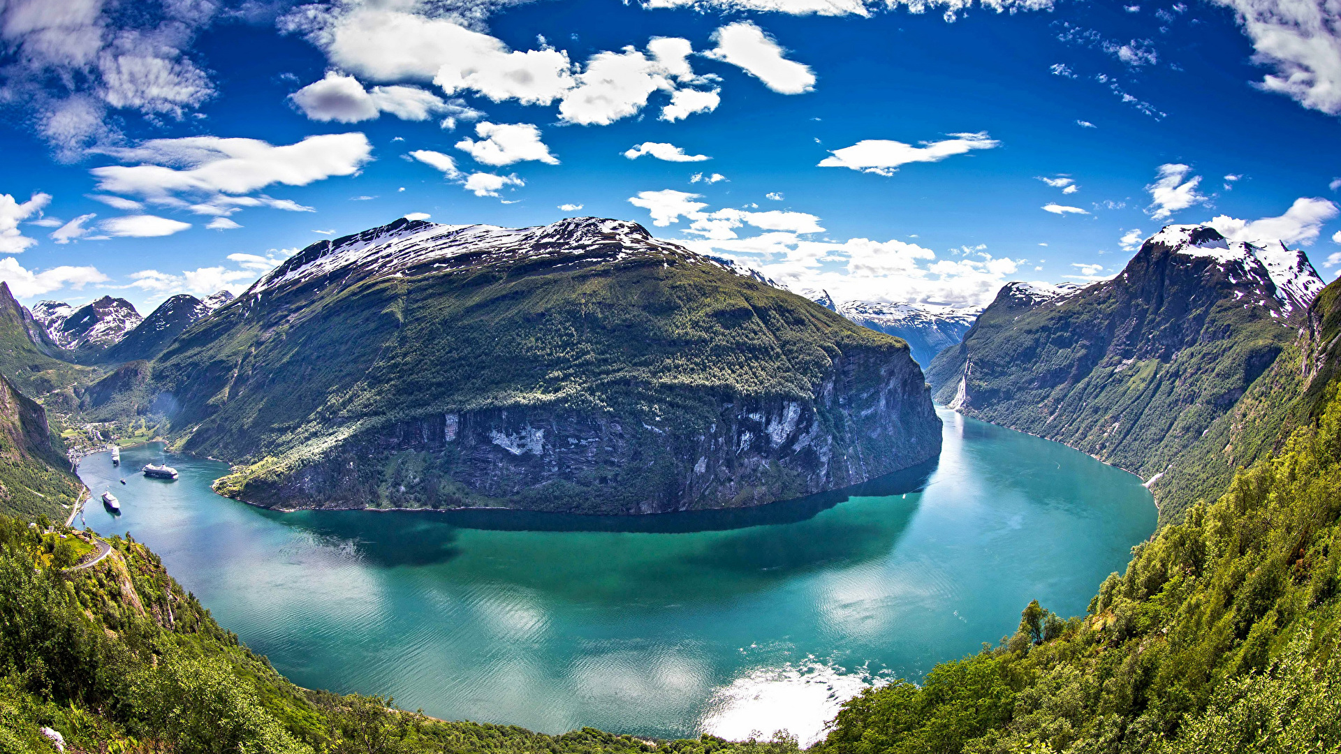 壁紙 19x1080 挪威 山 湖泊 天空 風景攝影 Geiranger Fjord 云 峡湾 大自然 下载 照片
