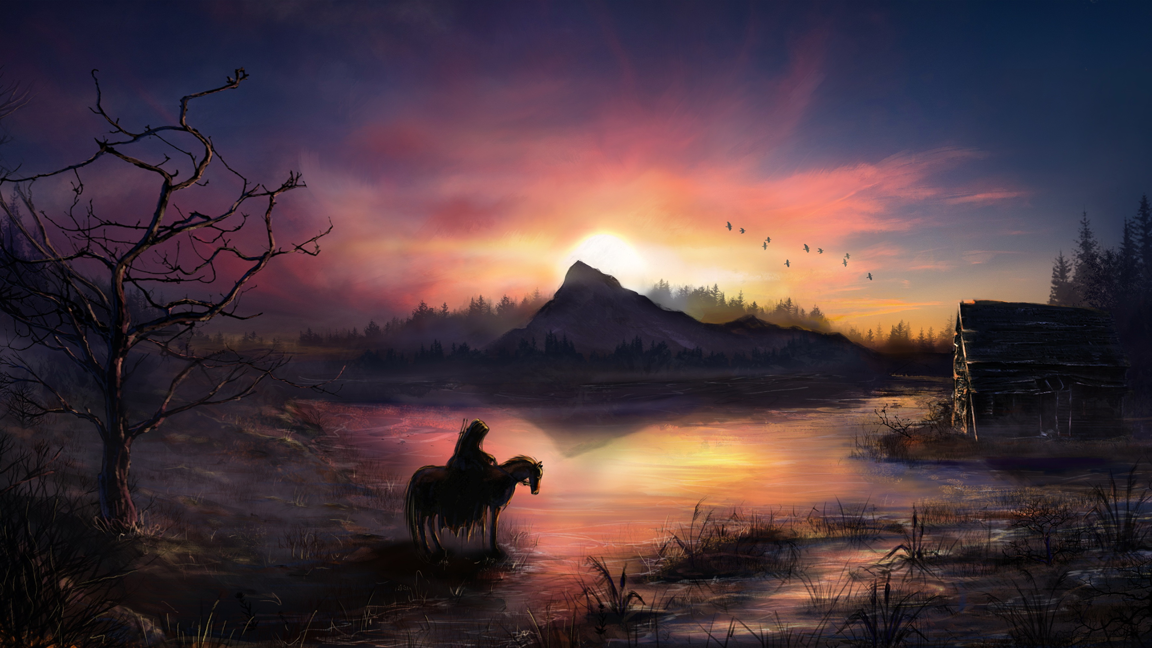 Wallpaper Horses Warriors Fantasy Sunrises and sunsets 3840x2160