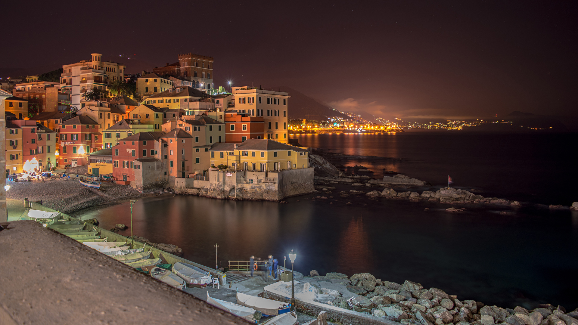 Image Liguria Italy Genova Pier Boats night time Street 1920x1080