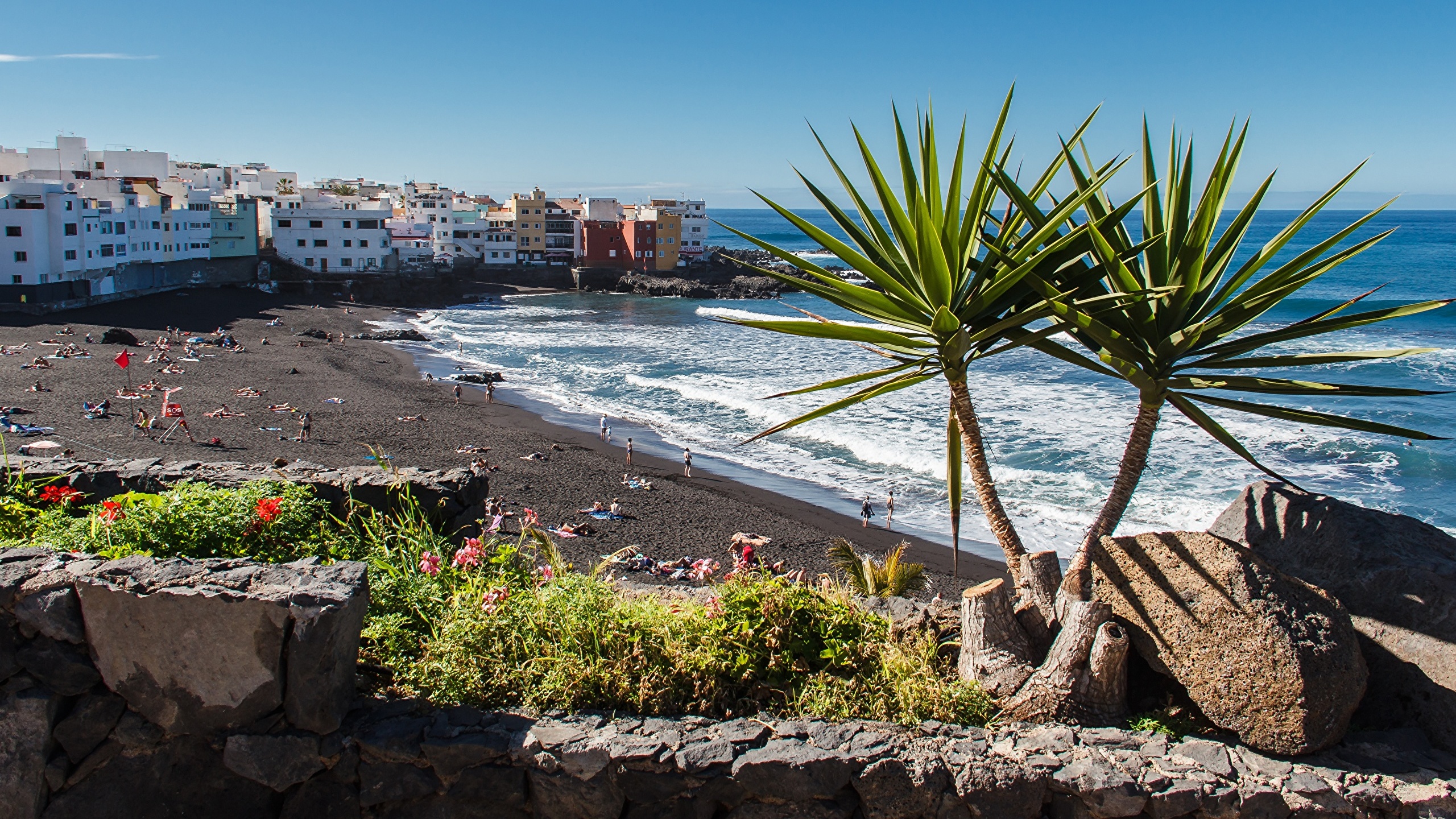 壁紙 2560x1440 スペイン リゾート 石 住宅 Tenerife Puerto De La Cruz ビーチ 都市 ダウンロード 写真