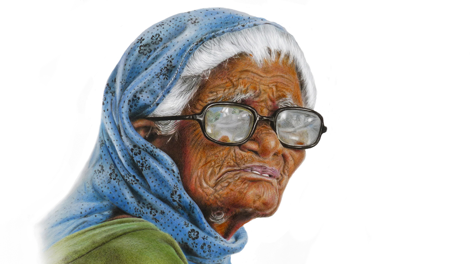 壁紙 19x1080 絵画 描かれた壁紙 老婦人 眼鏡 白背景 ダウンロード 写真