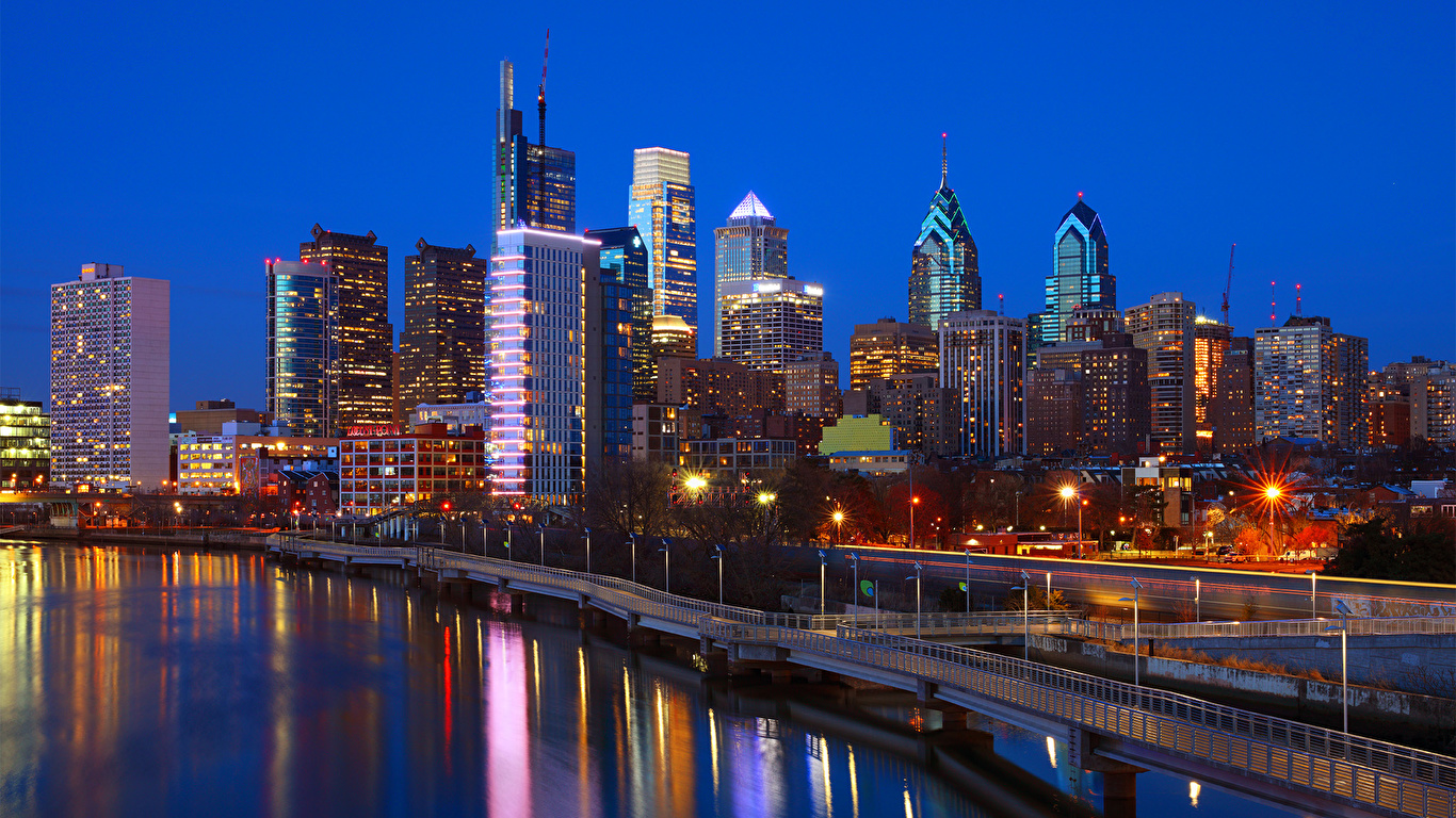 Обои для рабочего стола америка Philadelphia Мосты Реки 1366x768