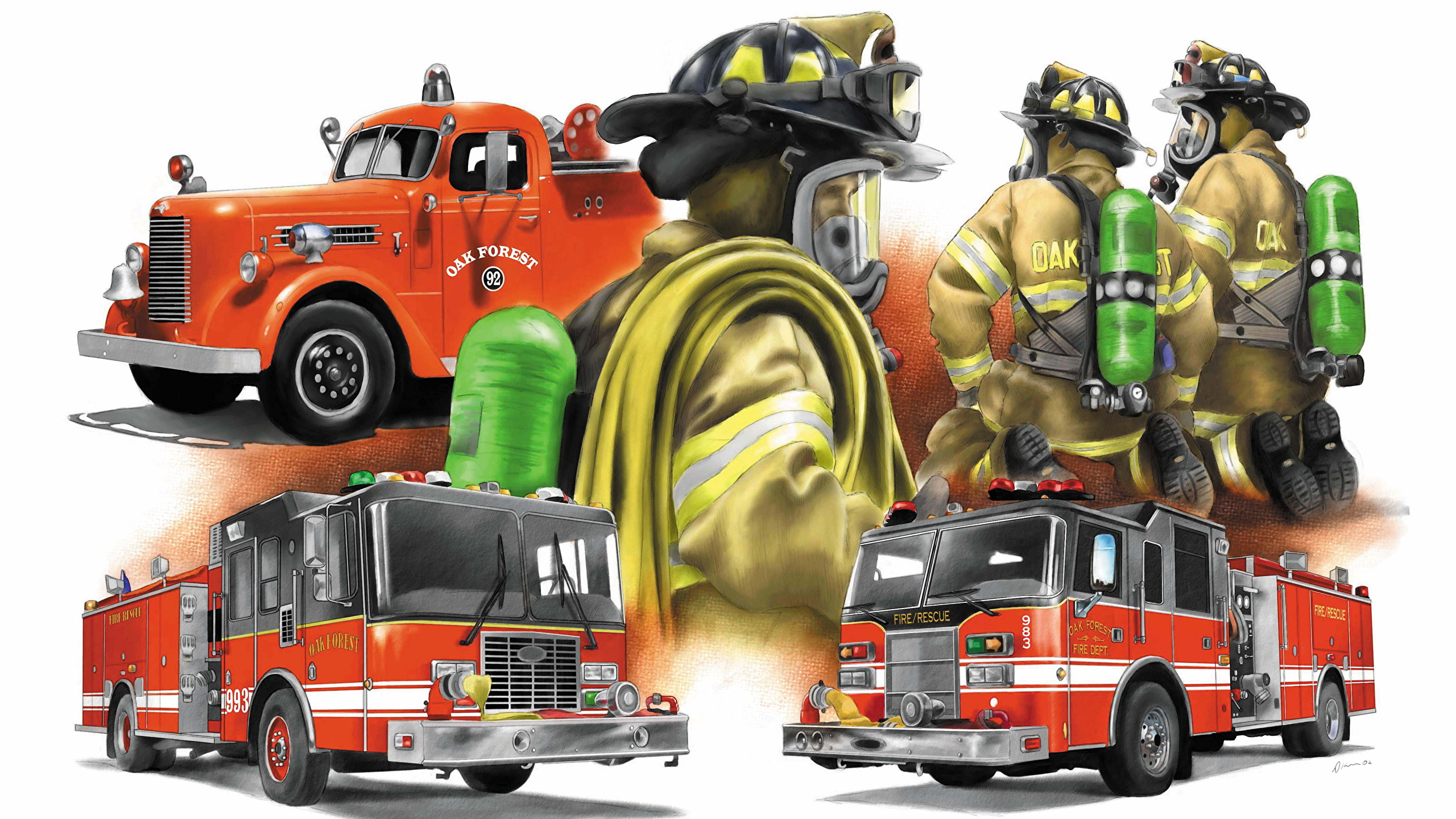 Fondos de Pantalla 2560x1440 Dibujado Vehículo de bomberos Firefighters  Máscara antigás Coches descargar imagenes
