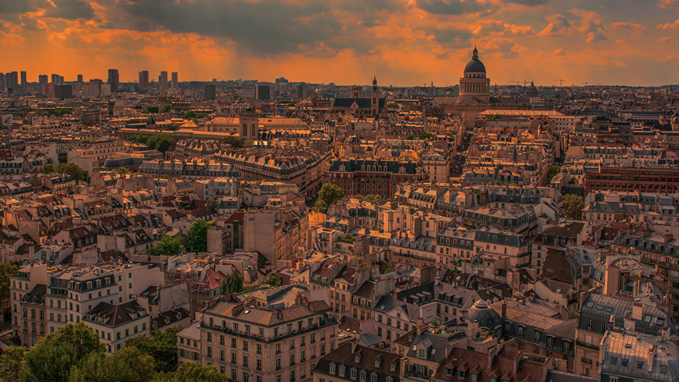 壁紙 1366x768 フランス 住宅 朝焼けと日没 夕 パリ メガロポリス 上から 都市 ダウンロード 写真