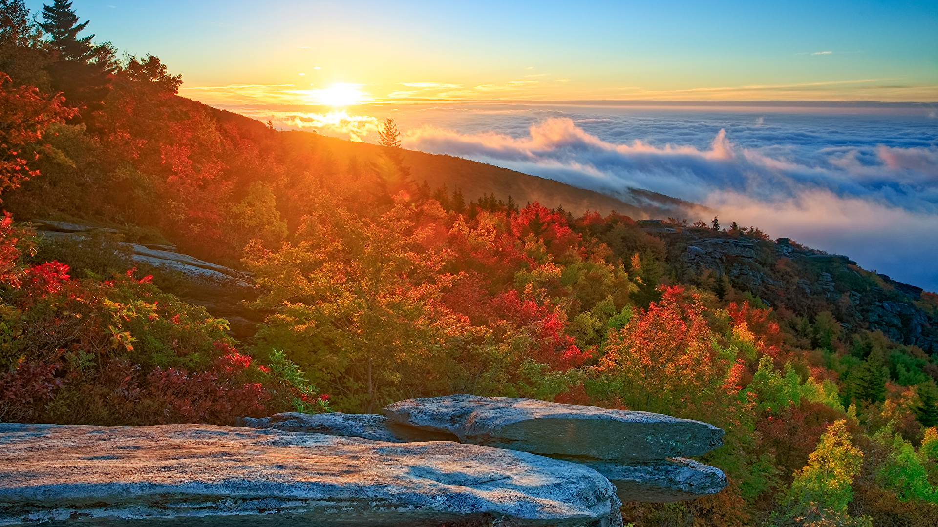 壁紙 19x1080 風景攝影 美国 岸 日出和日落 秋季 石 North Carolina 云 大自然 下载 照片