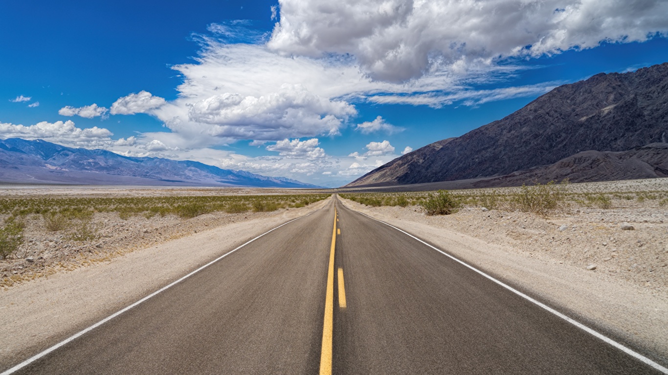 壁紙 1366x768 アメリカ合衆国 道 空 Death Valley National Park アスファルト カリフォルニア州 雲 自然 ダウンロード 写真