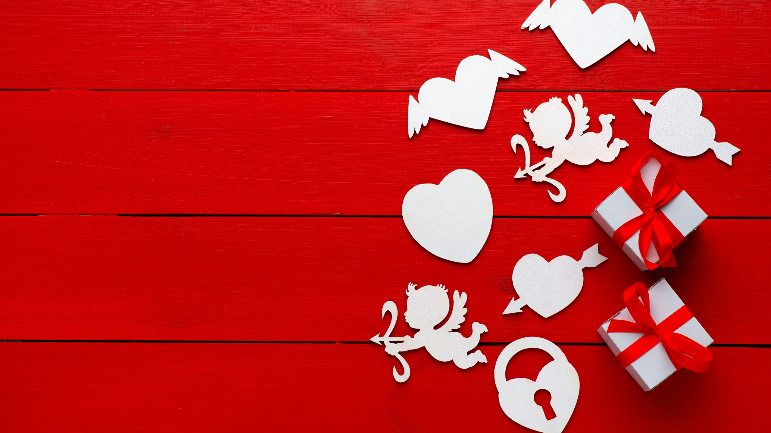 壁紙 2560x1440 バレンタインデー ハート 贈り物 赤の背景 ダウンロード 写真