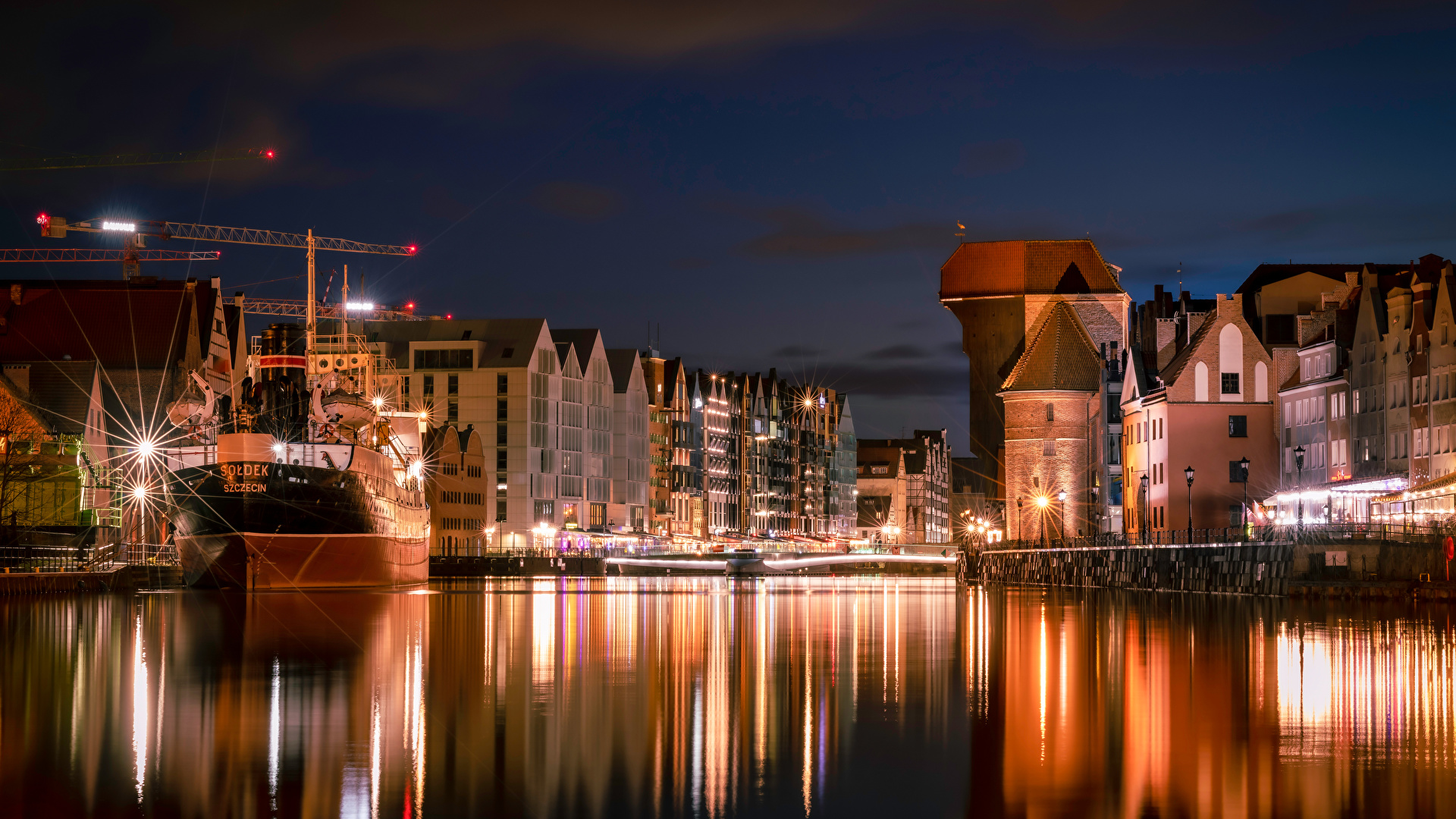 Photo Gdańsk Poland river Night Cities Building 1920x1080