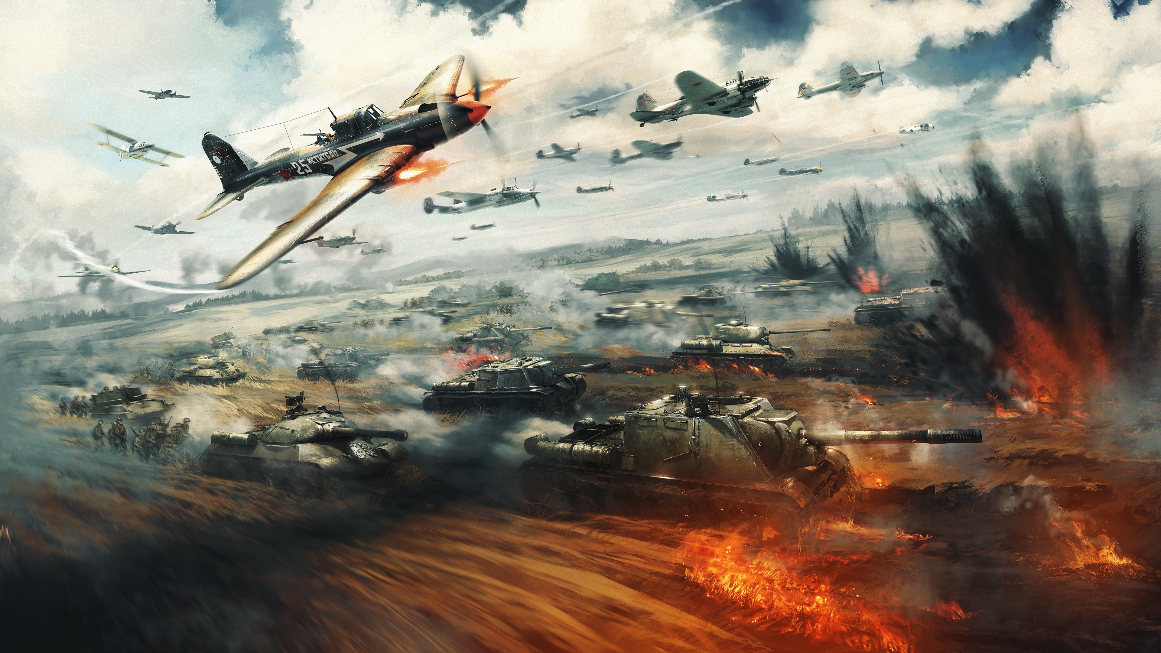 壁紙 3840x2160 War Thunder 戦車 自走砲 戦闘機 爆発 戦争 ロシアの ゲーム ダウンロード 写真