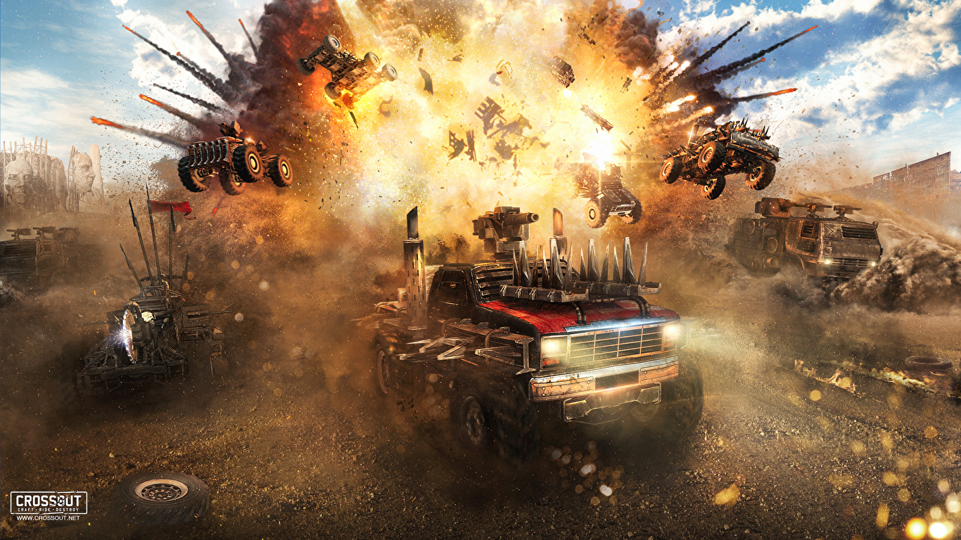 Фото Crossout Взрывы 3D Графика Игры Техника Фэнтези 1366x768