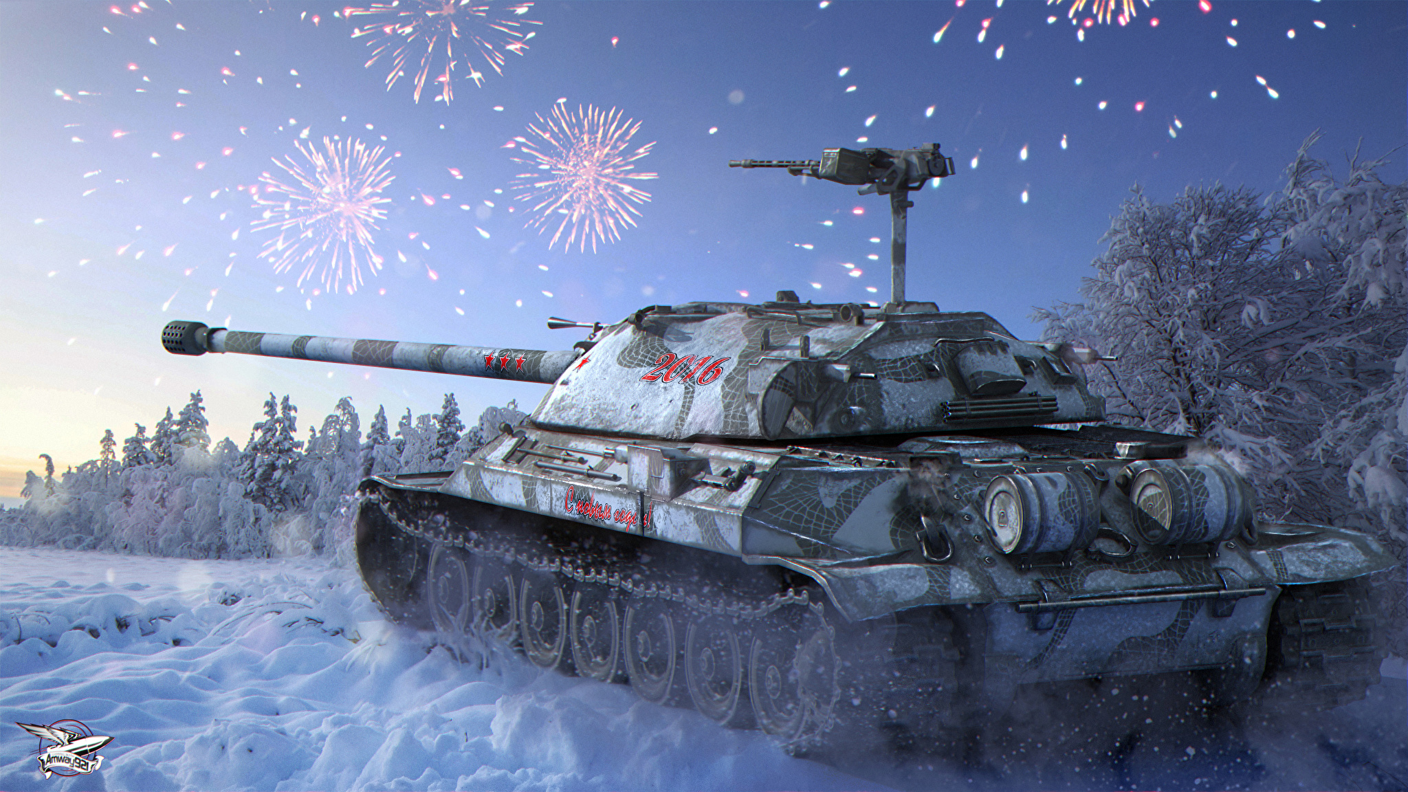 Photo World of Tanks Tanks Fireworks Christmas IS7 Winter 2048x1152