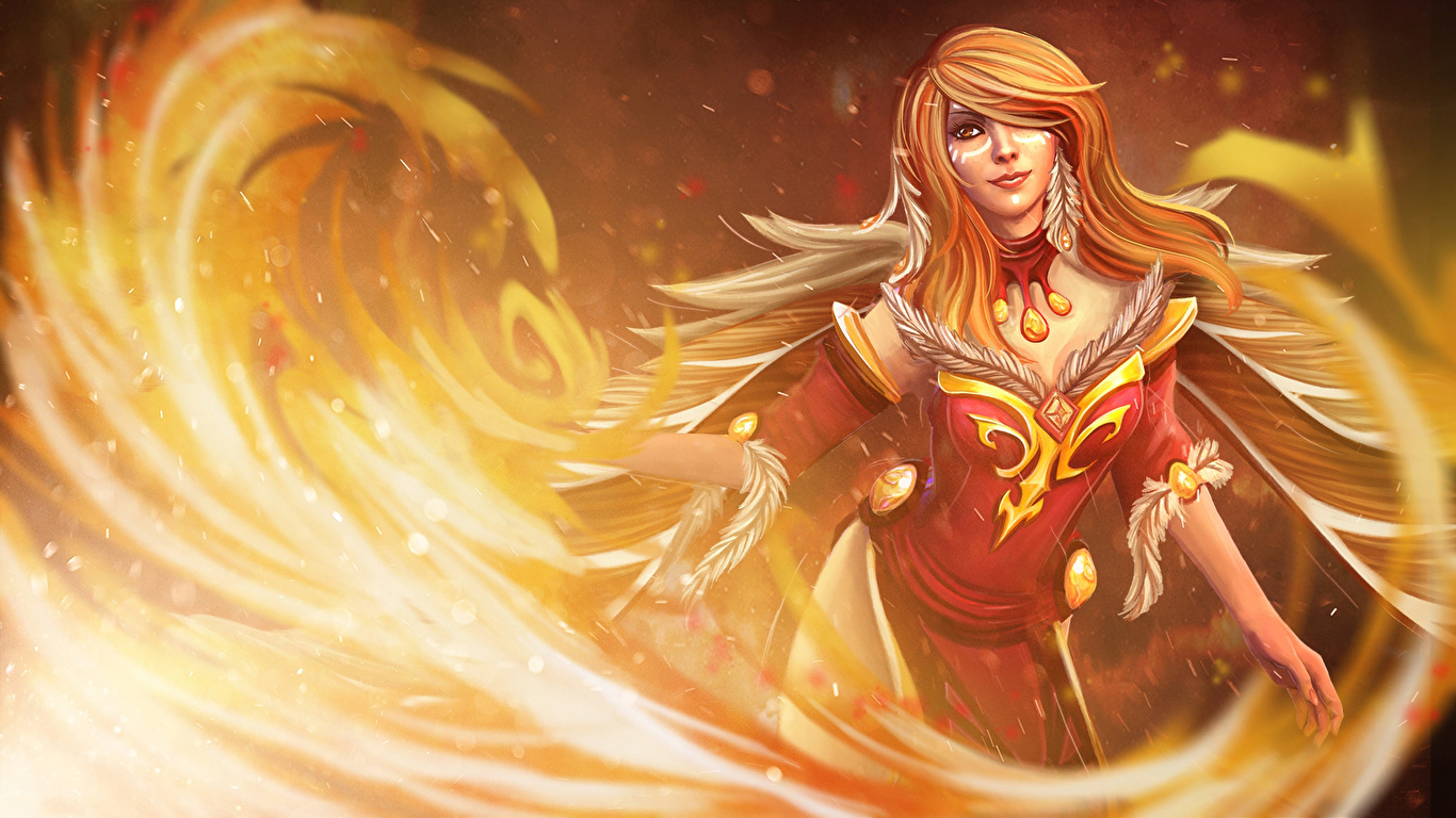 Фотографии DOTA 2 Lina Рыжая воин девушка Фантастика Игры 1366x768