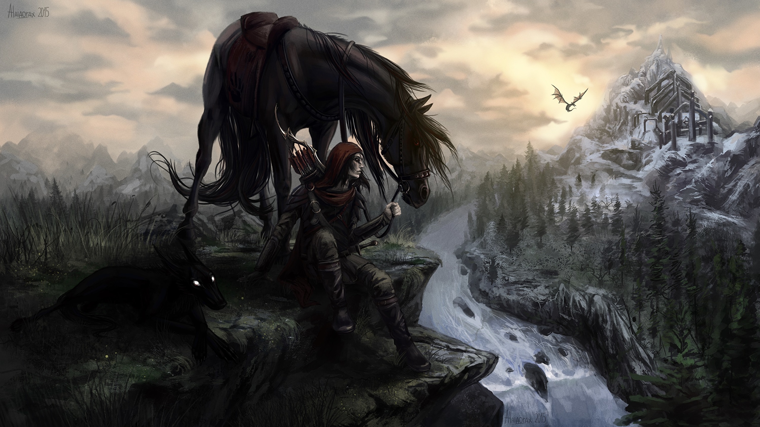 Papeis de parede 2560x1440 The Elder Scrolls V: Skyrim Cavalo Tenegrin Jogos  Fantasia baixar imagens