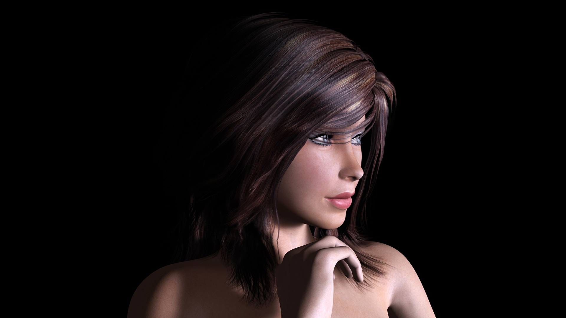 壁紙 19x1080 髪 茶色の髪の女性 黒色背景 美しい 凝視 3dグラフィックス 少女 ダウンロード 写真