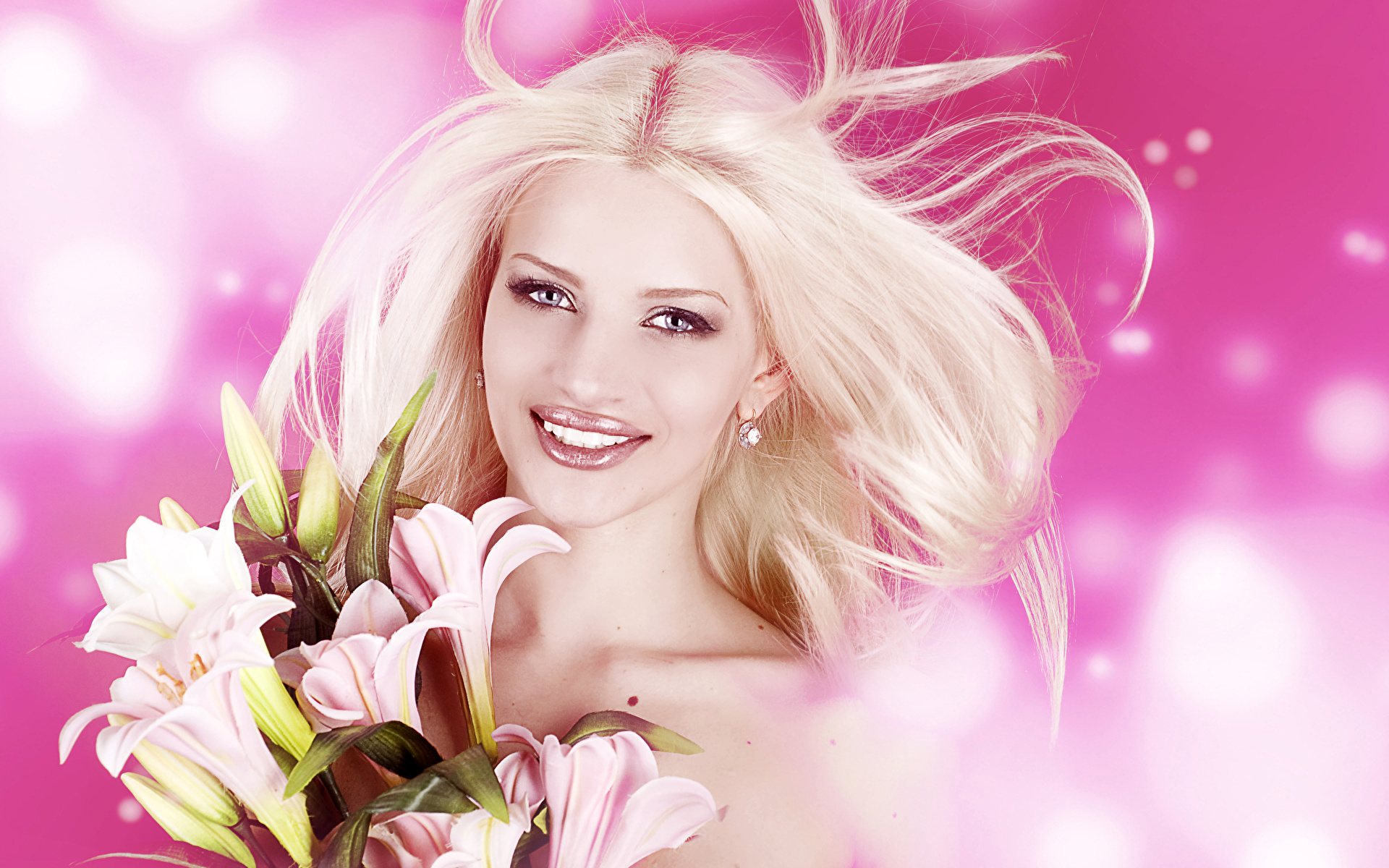 Desktop Wallpapers Blonde girl Smile Makeup Lilies young 1920x1200