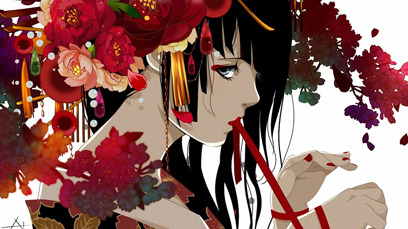 Fondos De Pantalla 1366x768 Dibujado Chicas Anime Flores Descargar Imagenes