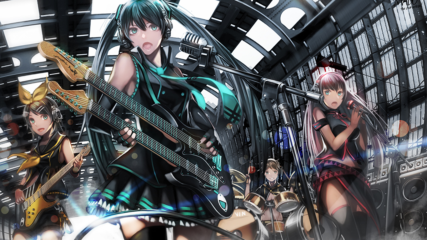 Images Vocaloid Guitar Microphone Anime Girls 1366x768