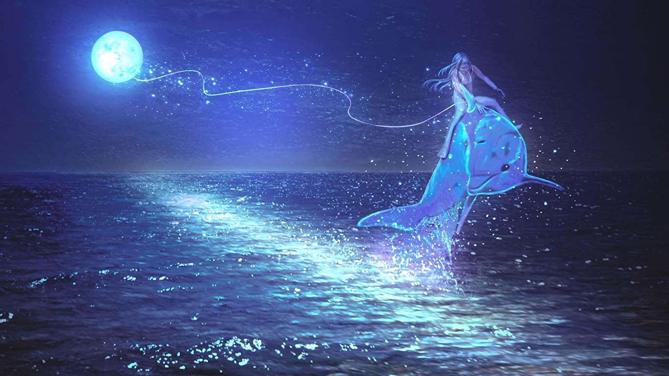 Bilder Magie Delfine Meer Fantasy Mond Nacht 1366x768