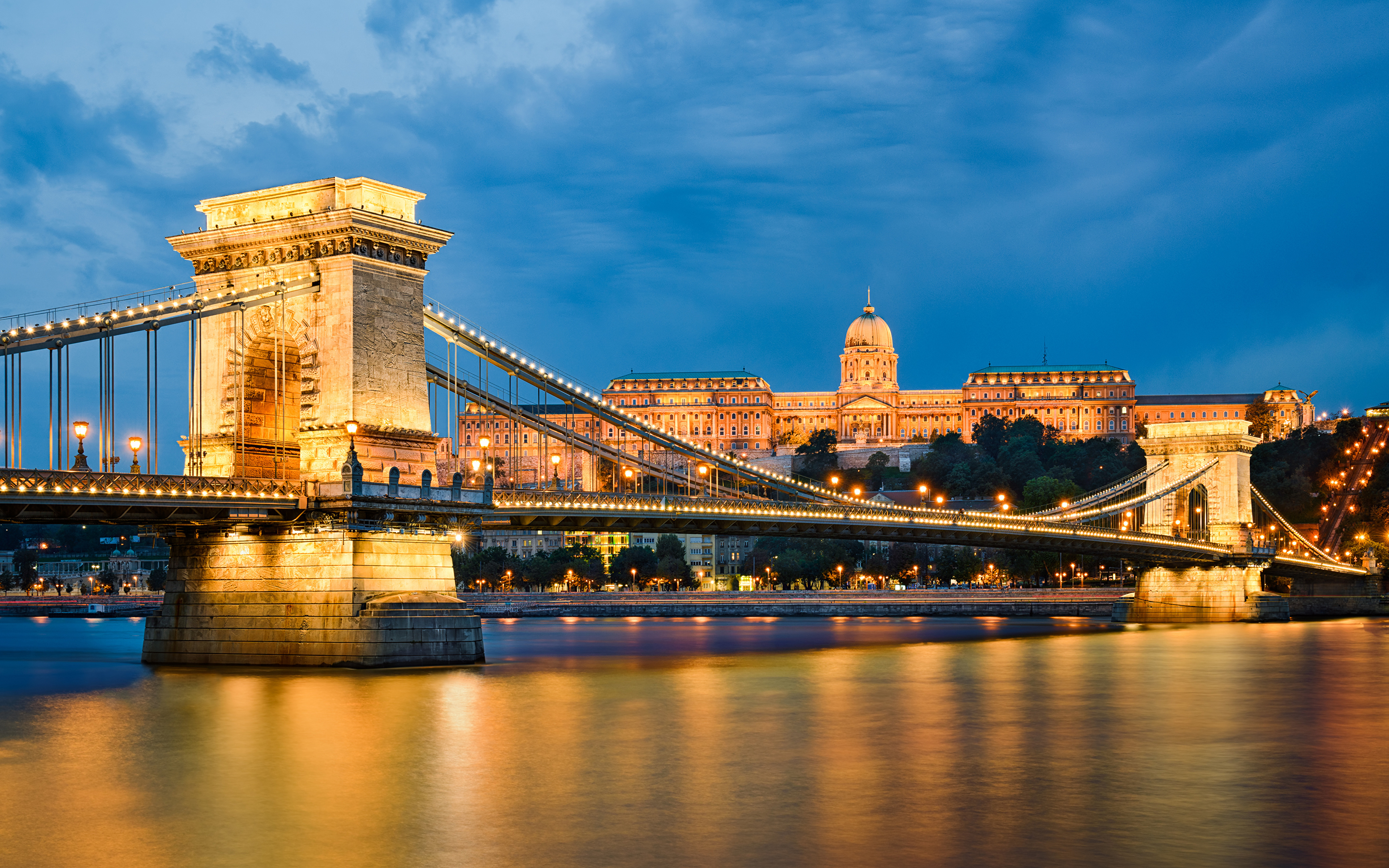 Image Budapest Hungary bridge Rivers night time Street lights Cities Building 3840x2400 Bridges river Night Houses