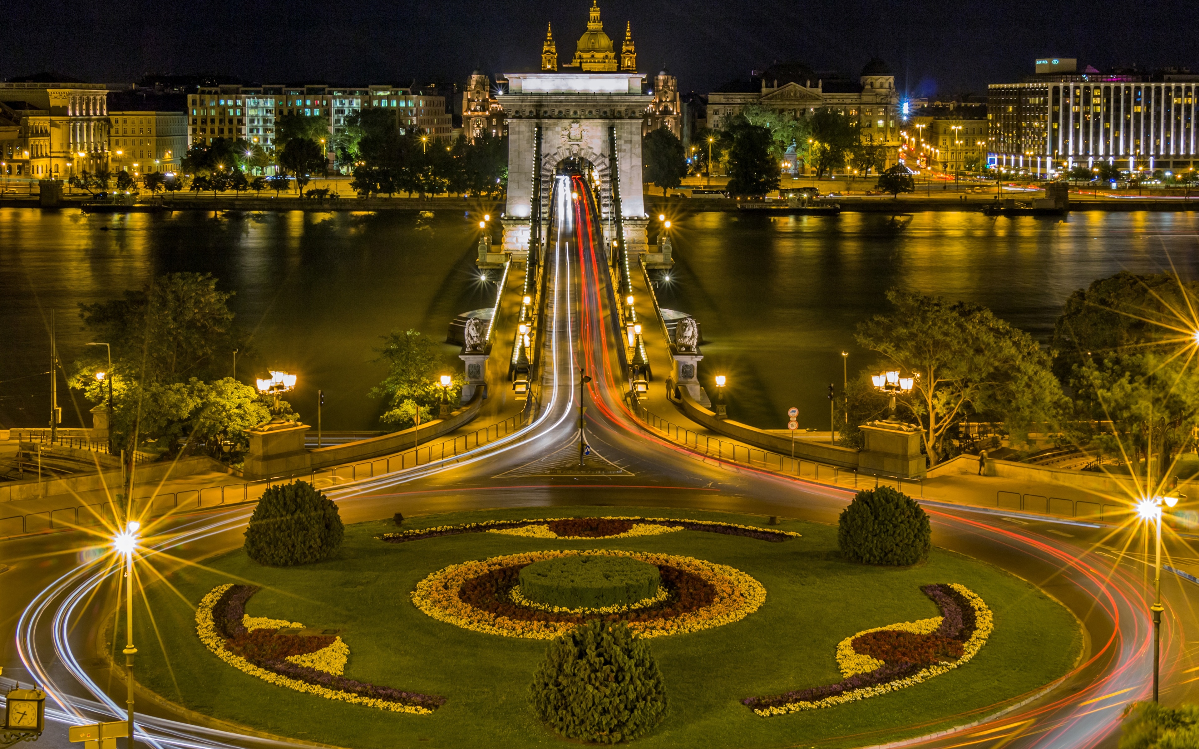 Picture Budapest Hungary Danube, Chain bridge Bridges Night Rivers Street lights Cities 3840x2400 river night time