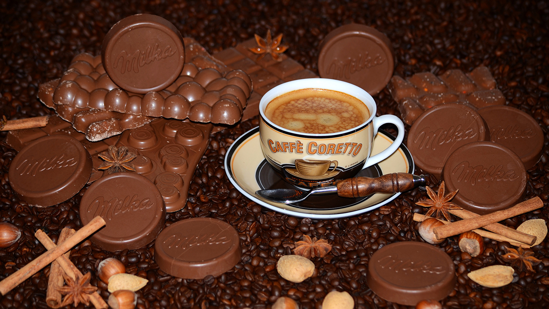 Afbeeldingen Chocolade Koffie Graan Kaneel spijs Een kopje 1920x1080