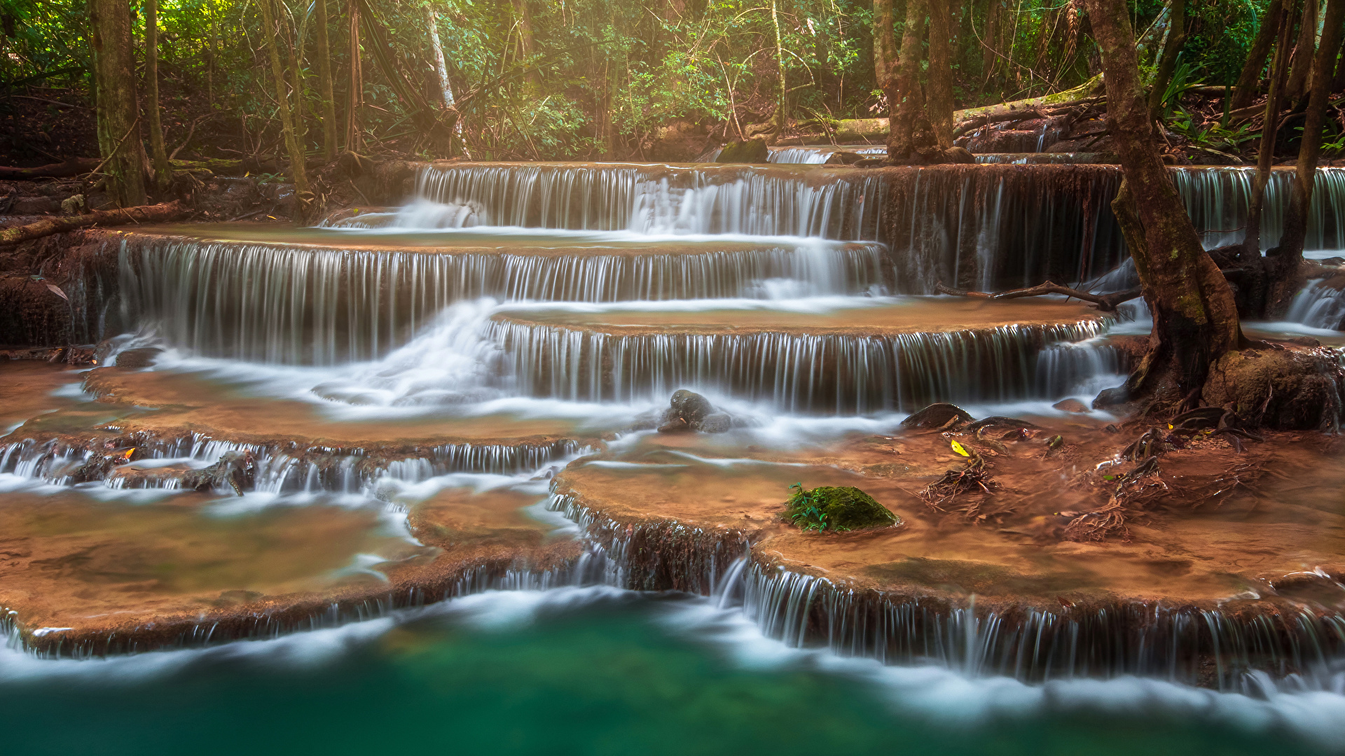 壁紙，泰国，公园，瀑布，石，Heo Suwat Waterfall Khao Yai National Park，树，岩，苔，大自然，下载，照片