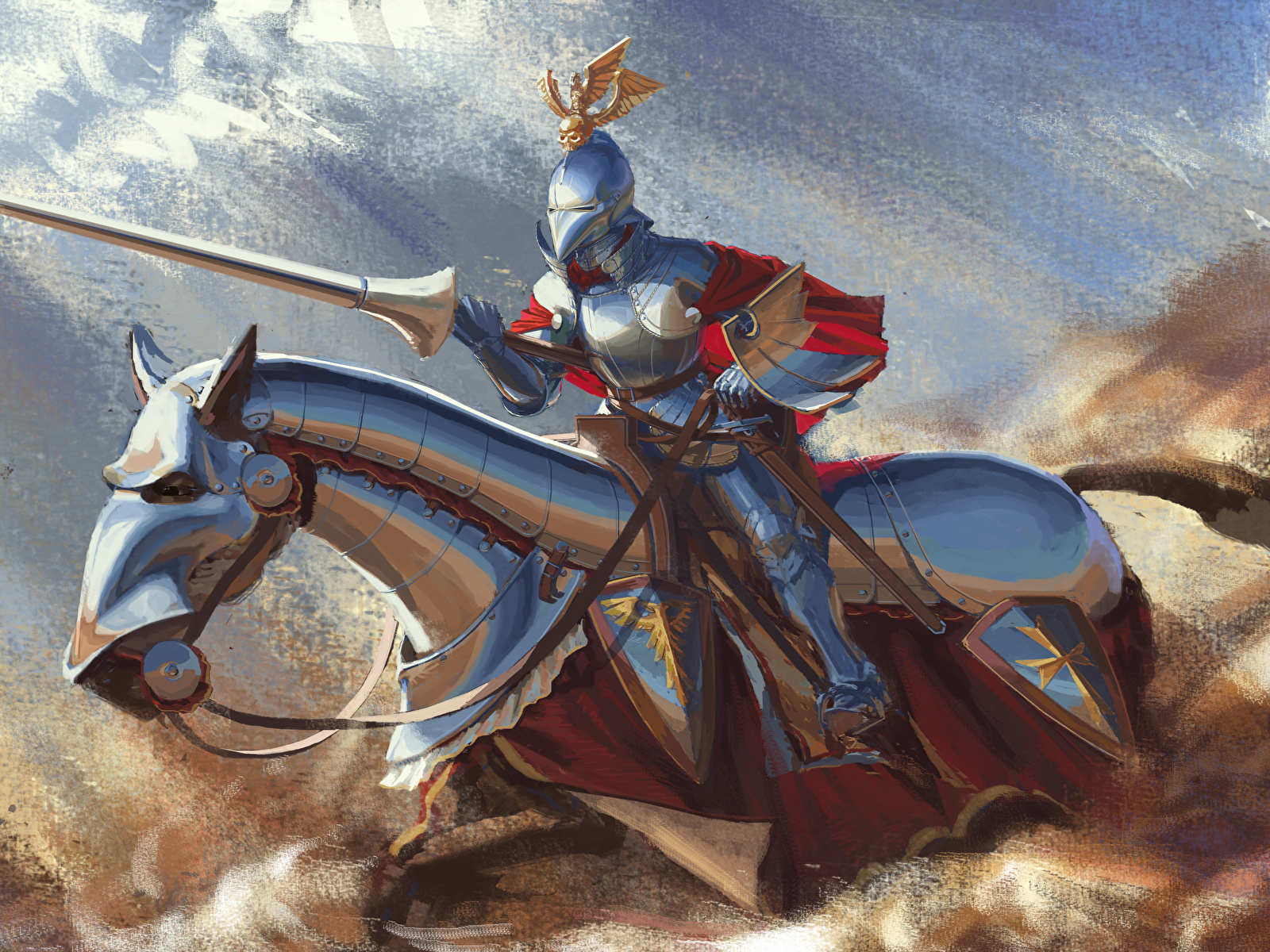 Fonds d'ecran 1600x1200 Moyen Âge Chevalier Cheval Armure Lance Casque