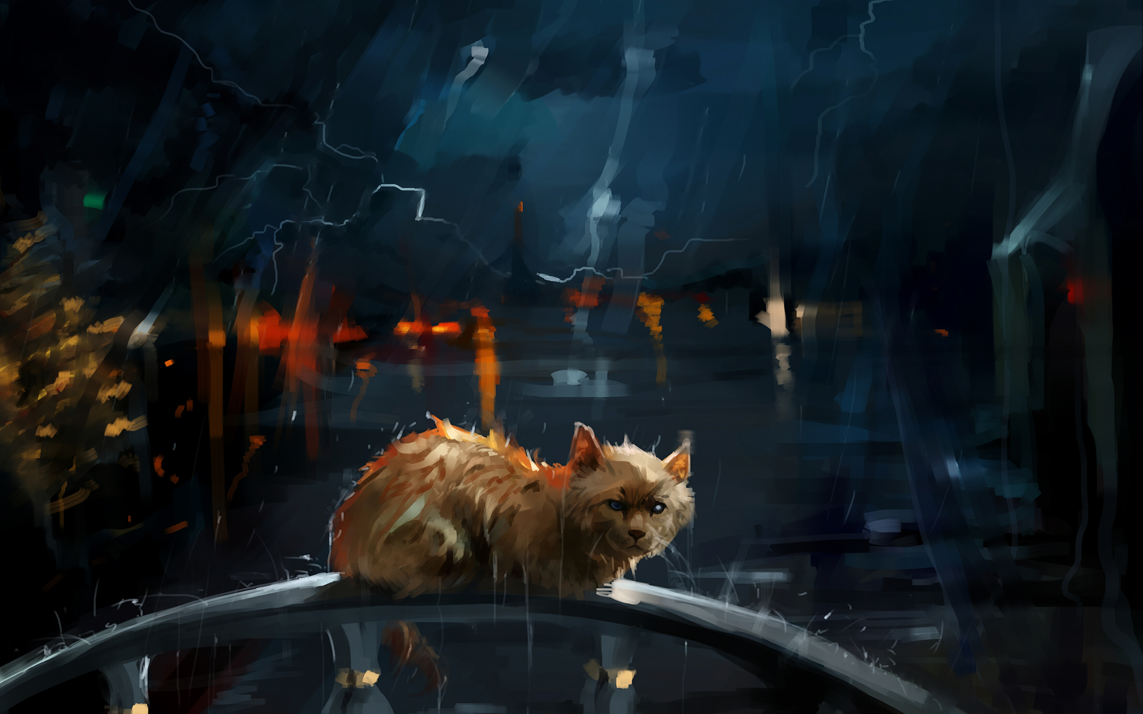 壁紙 3840x2400 飼い猫 描かれた壁紙 雨 夜 動物 ダウンロード 写真
