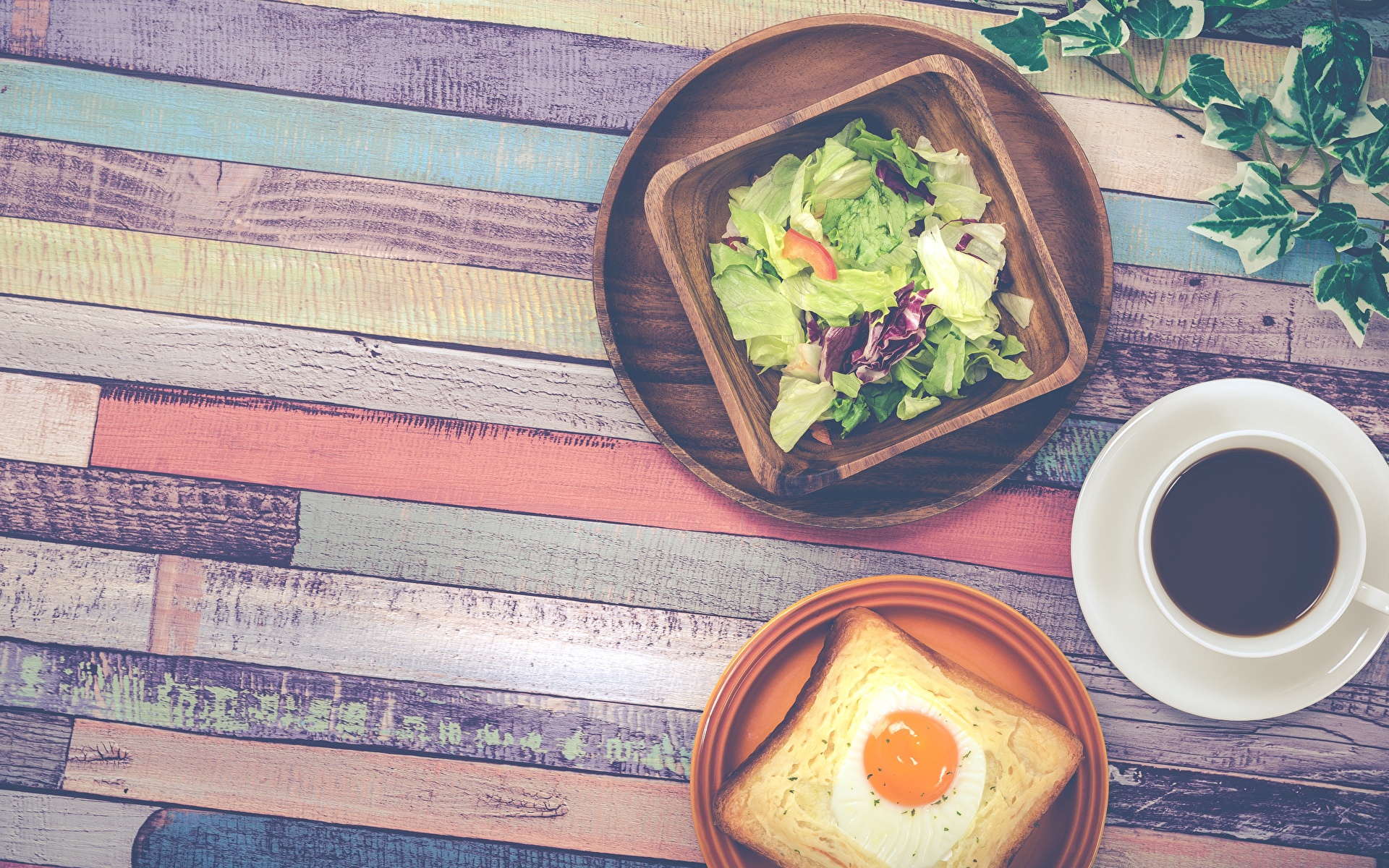 壁紙、1920x1200、パン、コーヒー、サラダ、朝食、目玉焼き、木の板、食品、ダウンロード、写真