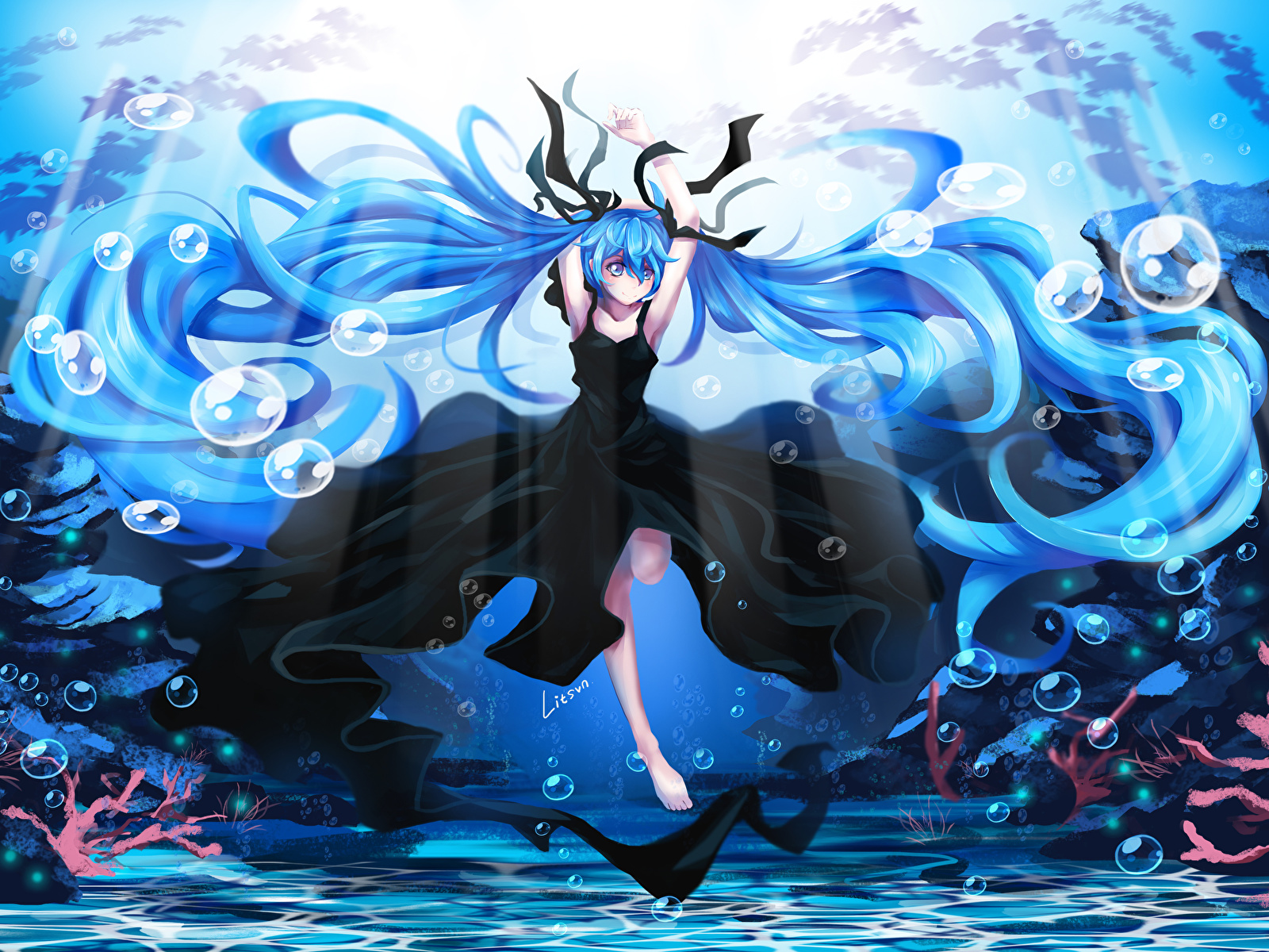 Photos Vocaloid Hatsune Miku Underwater world Anime Girls 1600x1200