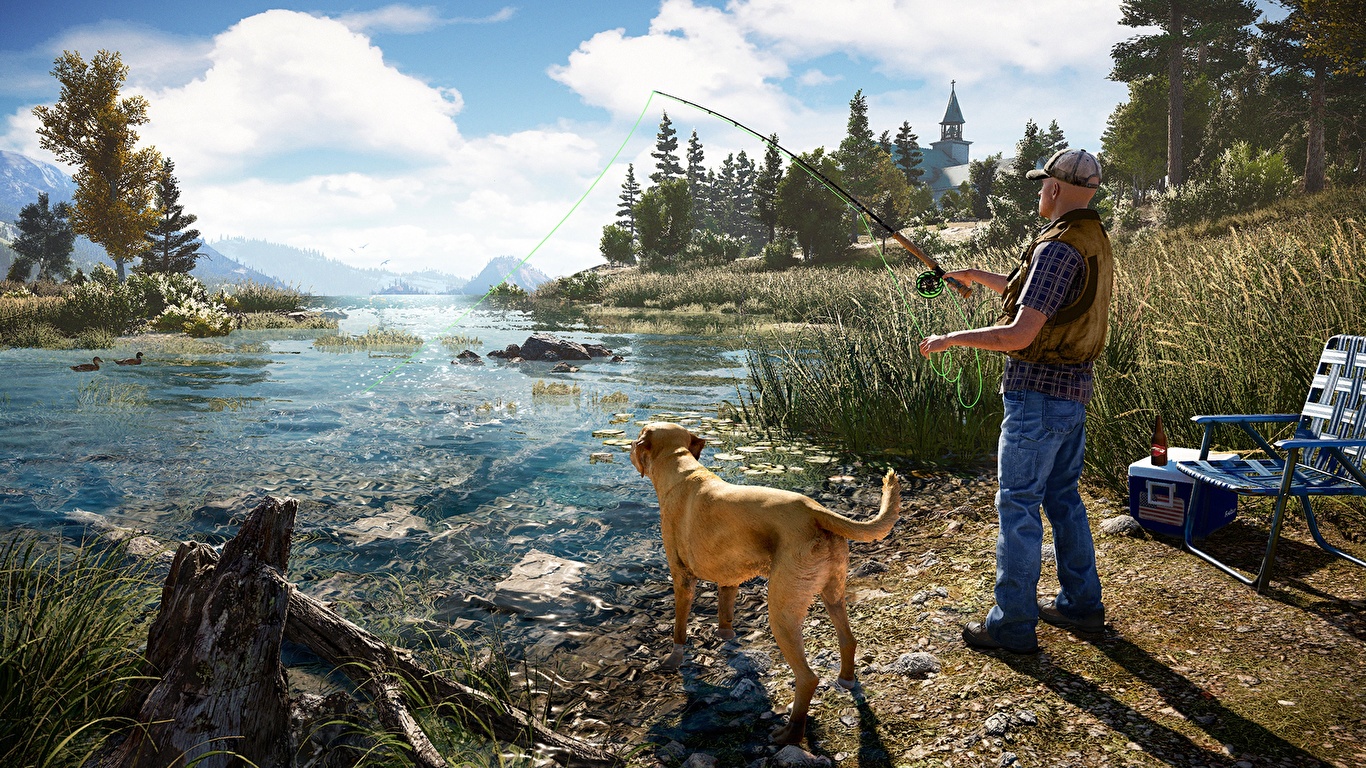 Картинки Far Cry 5 Собаки мужчина ловля рыбы Игры речка 1366x768